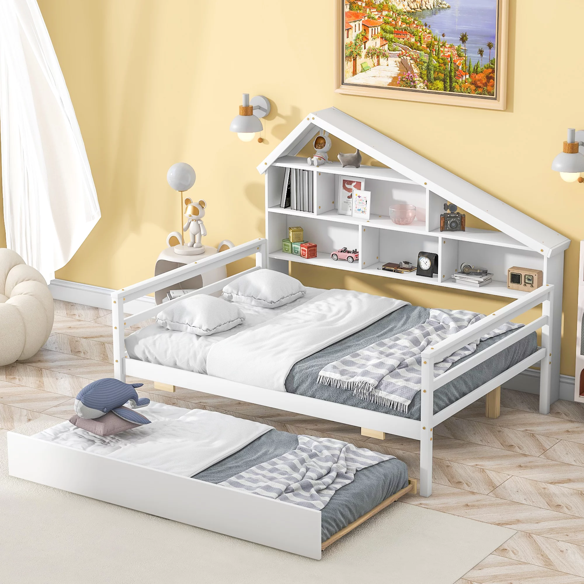 Wood Full Size House Daybed with Storage Shelf and Trundle for Bedroom, White