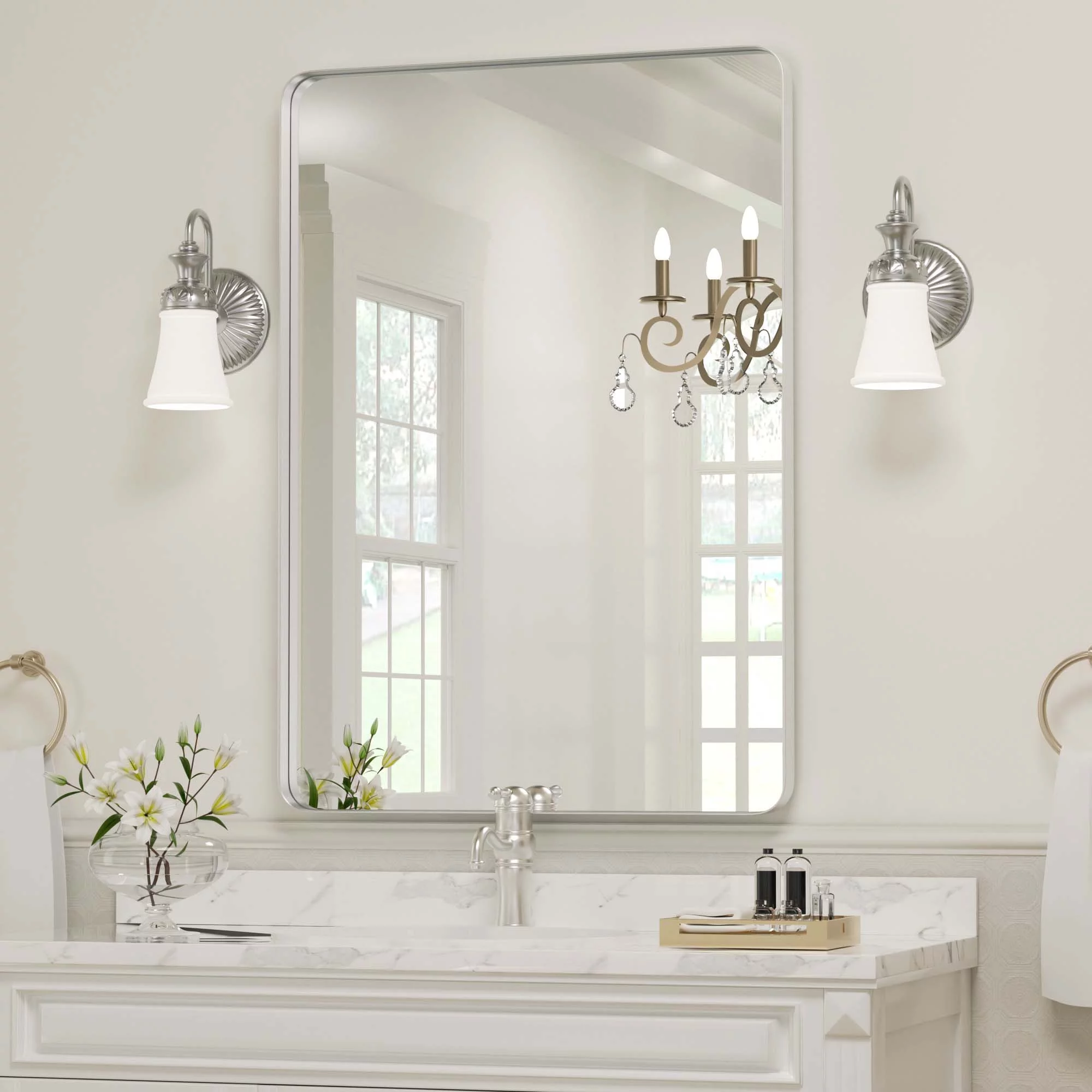 Clavie Rectangle Mirror, 16x24 inch Bathroom Wall Mirror, Bathroom Vanity Mirror with Rounded Corner, Metal Frame