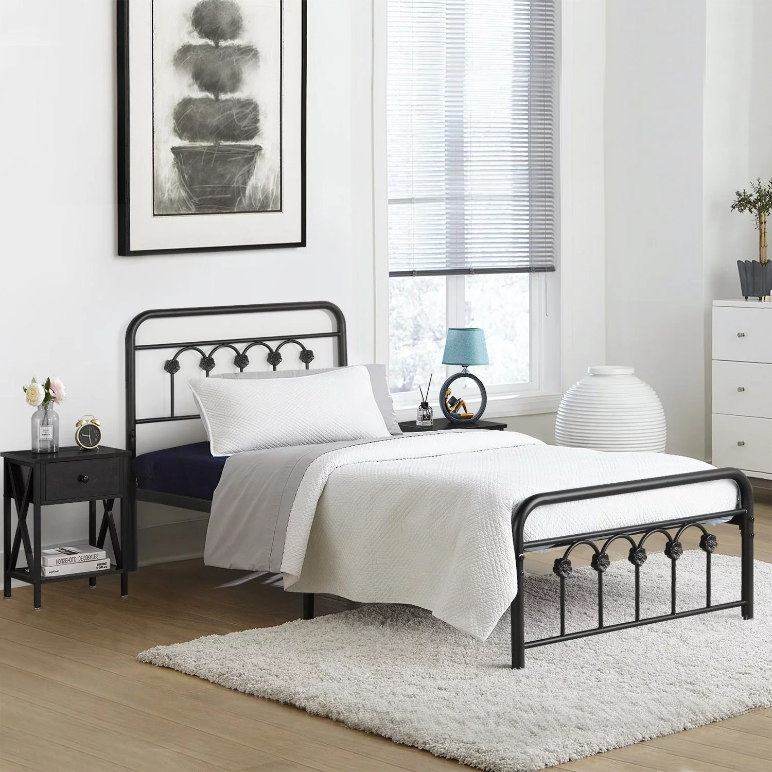 VECELO 3-piece Bedroom Set, Twin Size Metal Platform Bed Frame with 2 Black Nightstand