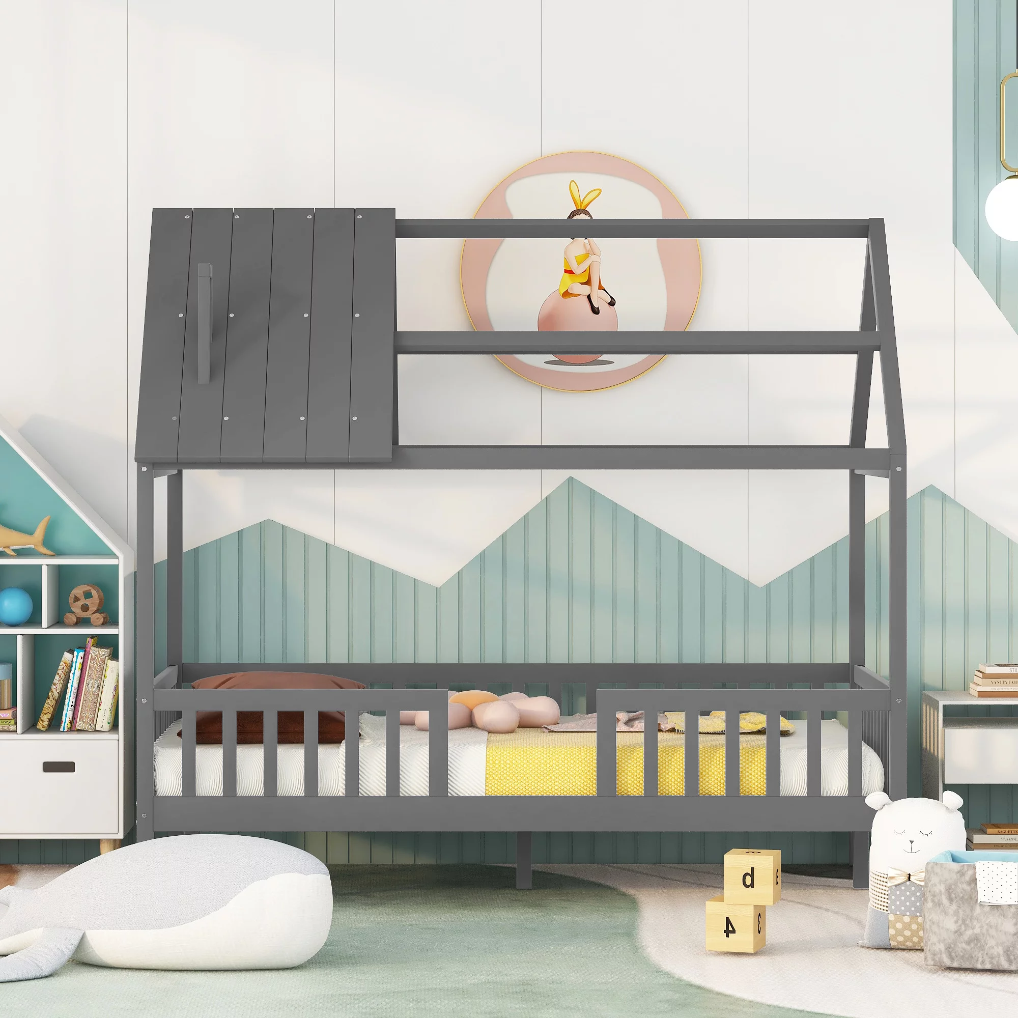 Bellemave Twin House Bed of Kids, Twin Size Wood Bed Frame with Roof and Fence, Montessori Beds Frame for Toddlers Girls Boys, No Box Spring Needed (Gray)