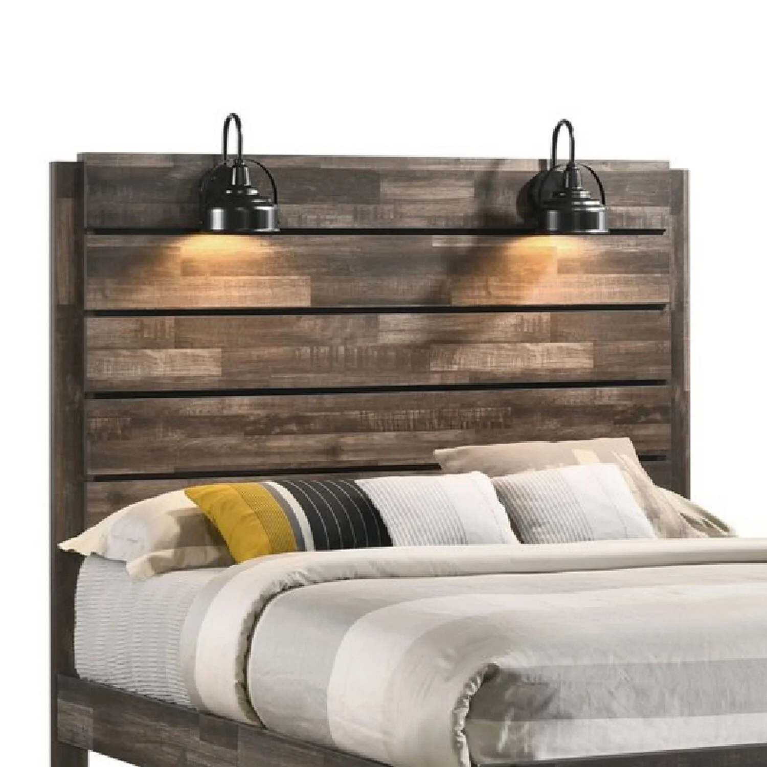 Benjara Queen Bed with Rustic Heavy Grain Details and 2 Attached Lanterns, Brown