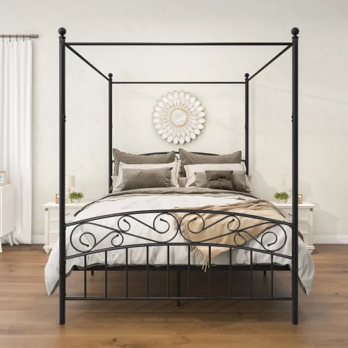 Queen Size Canopy Bed Frame with Headboard & Footboard, No Box Spring Needed, Black