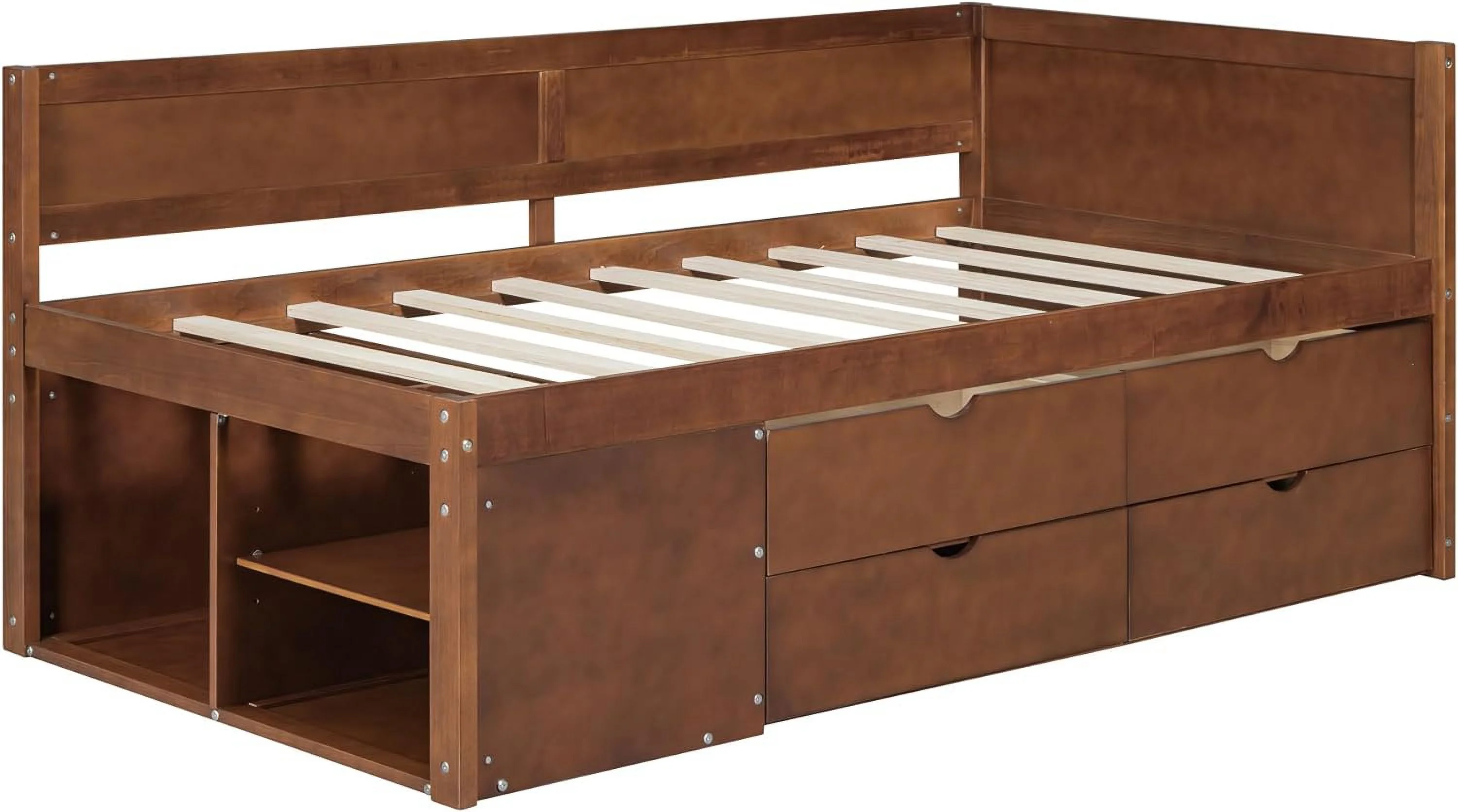 Twin Size Wood Daybed with 4 Storage Drawers and Storage Shelf, Solid Wood Bed Frame for Bedroom, No Box Spring Needed