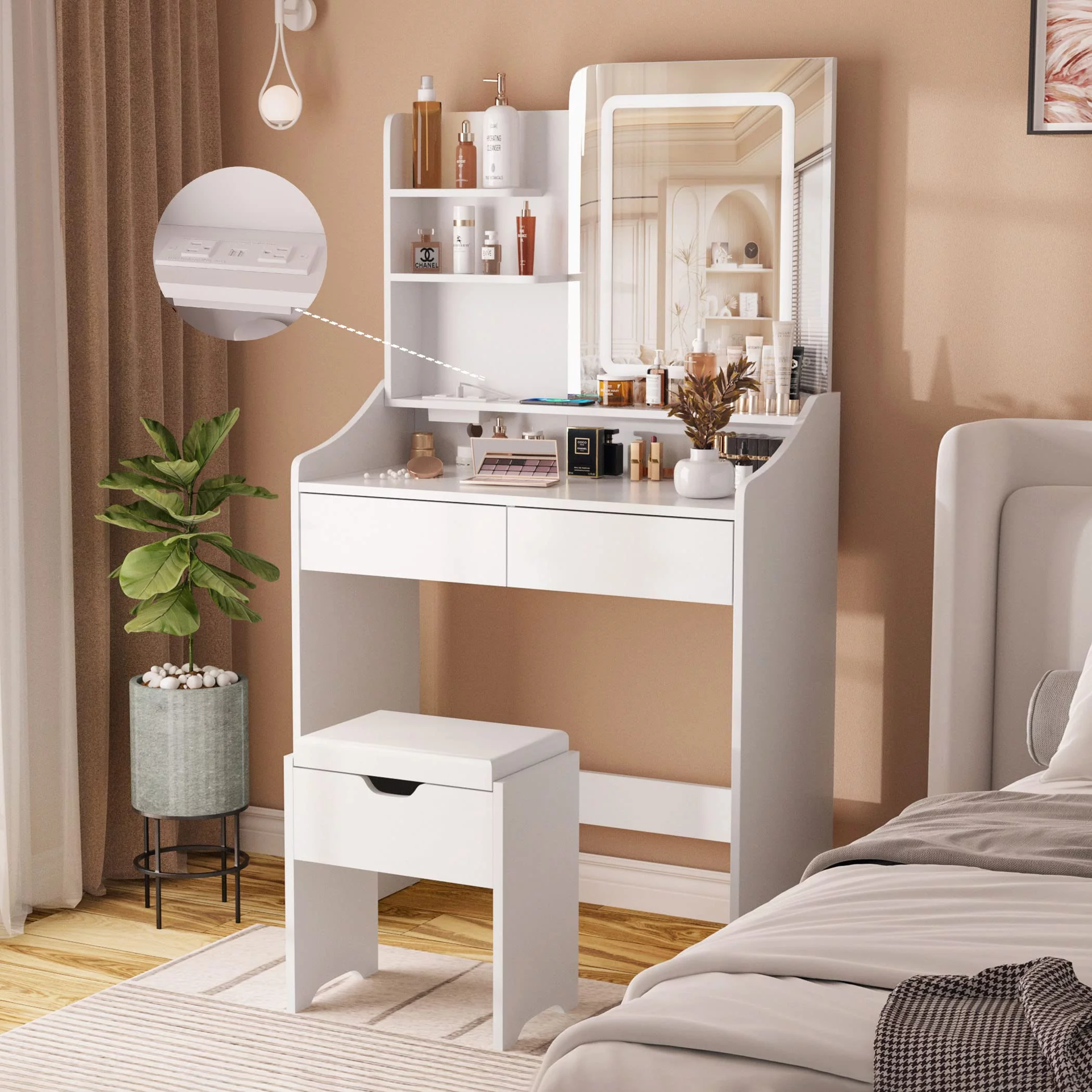 Veanerwood Makeup Vanity Desk with Lights and Power Strip, Vanity Dressing Table Set with Drawers and Shelves, Bedroom, 31.5in, White
