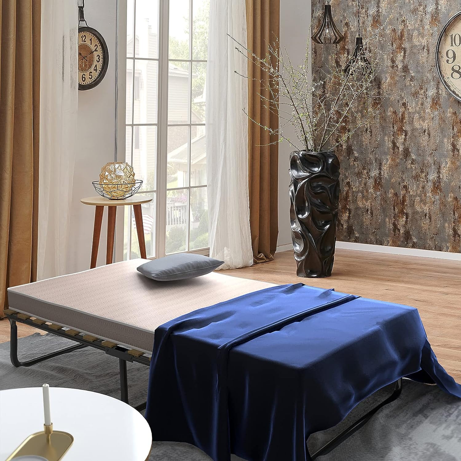 Folding Bed with Mattress, Portable Guest Bed Cot Size w/Memory Foam Mattress & Wood Slat Support, Heavy Duty Steel Single Bed Frame for Bedroom & Office, Made in Italy