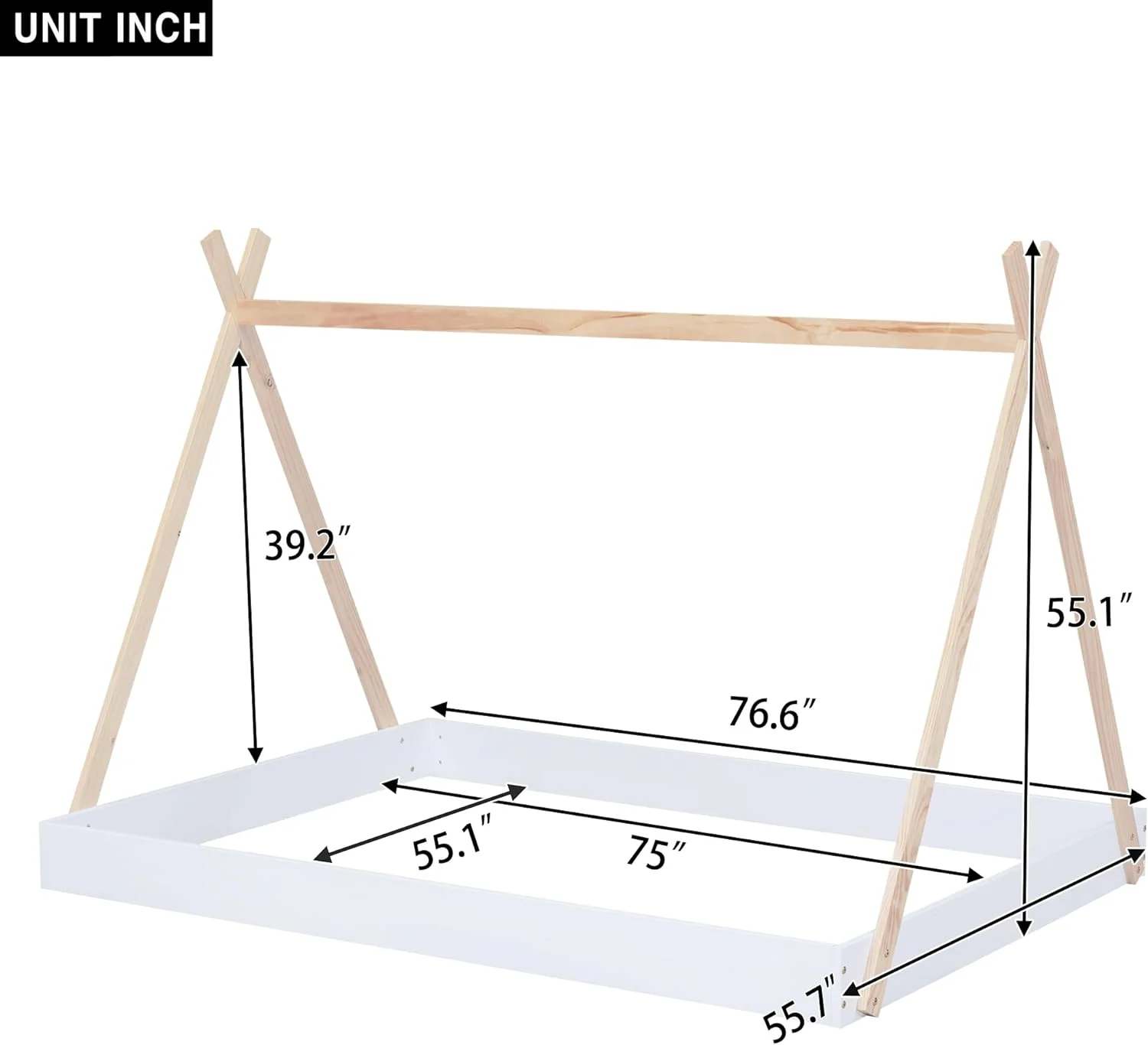 Full Size Teepee Bed For Kids,Full Floor Bed Frame With Triagle Structure,Wood Motessori Floor Bed For Girls Boys Bedroom Furiture,White+atural