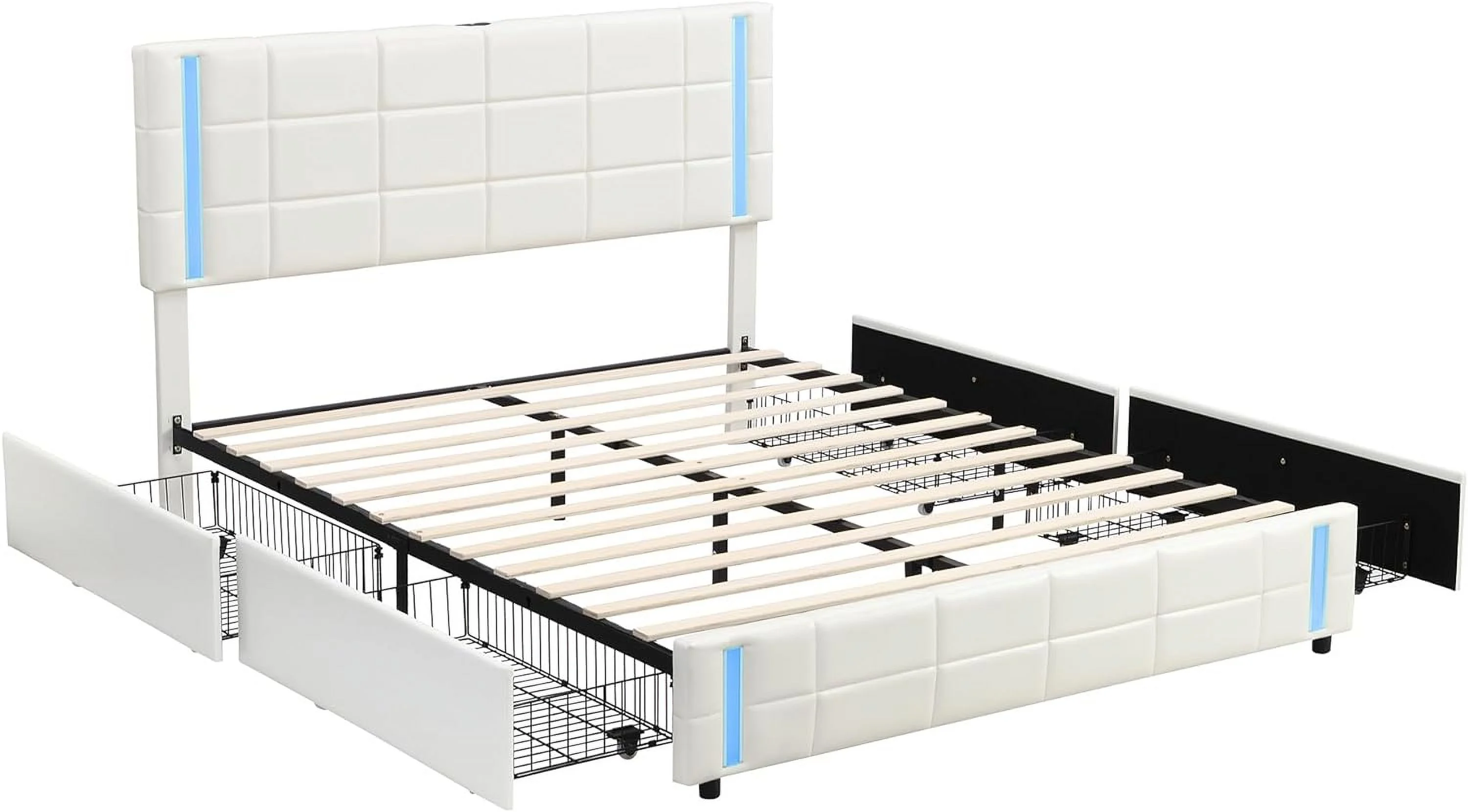 Upholstered Bed with LED Lights and USB Charging, Queen Size Storage Bed Platform Frame with Headboard and 4 Drawers for Bedroom, No Spring Box Required