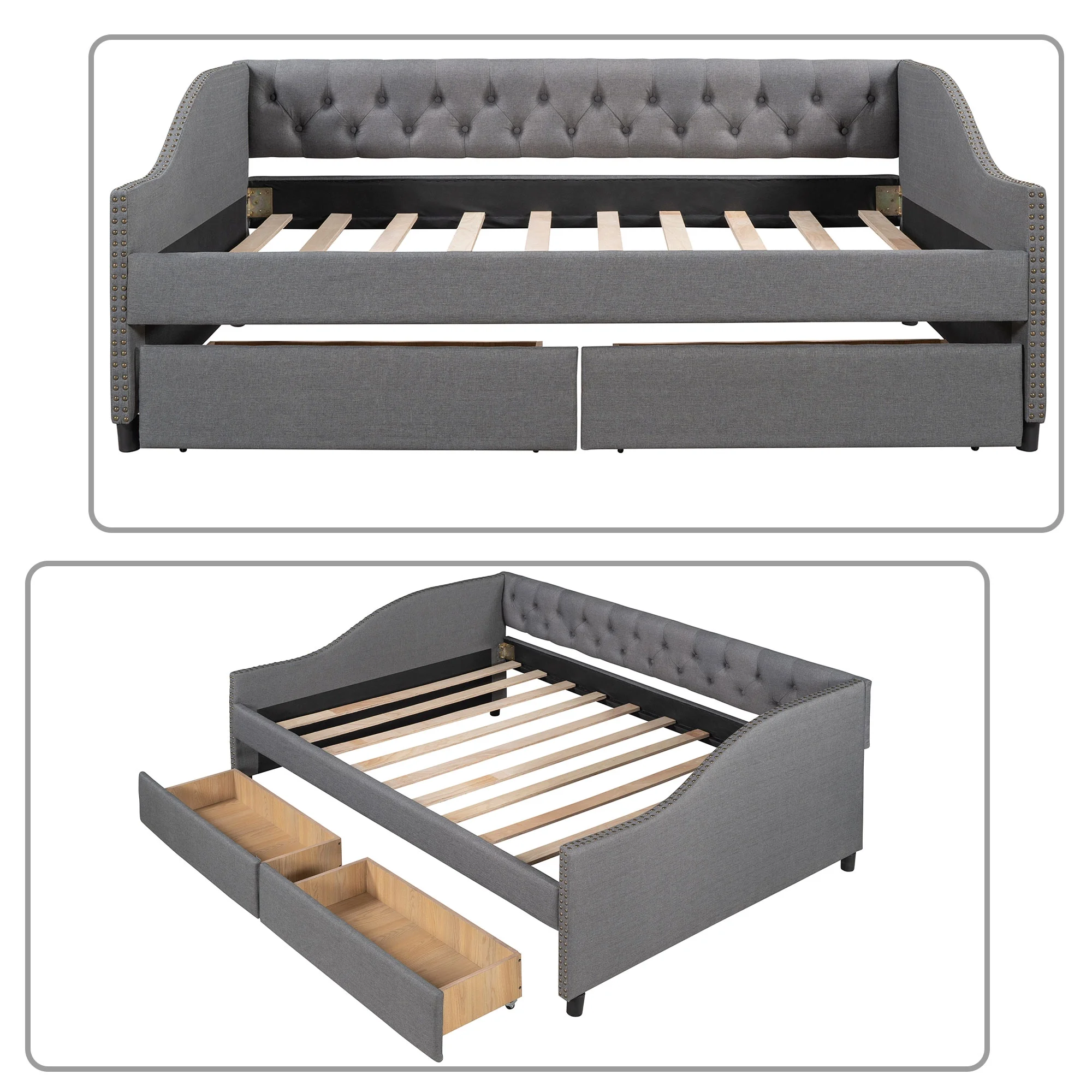 Elegant Full Size Linen Fabric Button-Tufted Upholstered Daybed with 2 Drawers and Rivet Decor, Gray