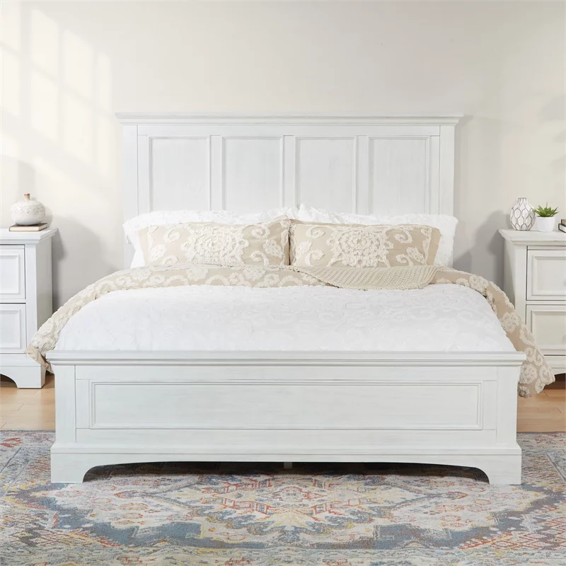 Farmhouse Basics Queen Bed Set 3/CTN in Rustic White Finish Engineered Wood