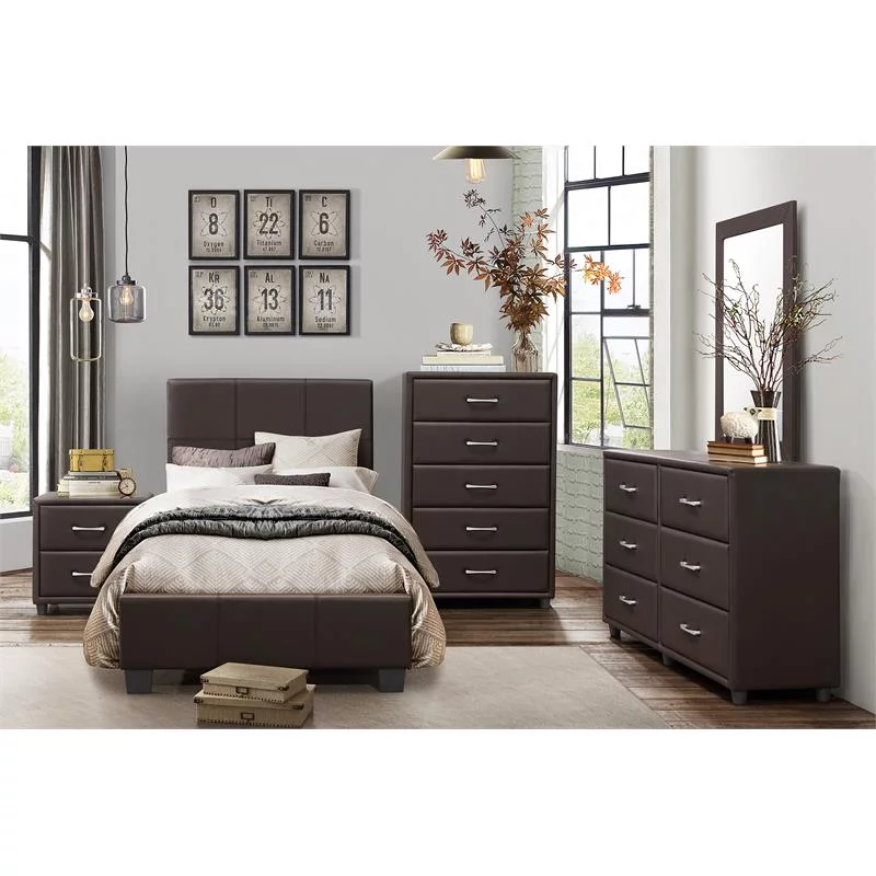 Pemberly Row Contemporary Wood and Faux Leather Twin Bed in Dark Brown