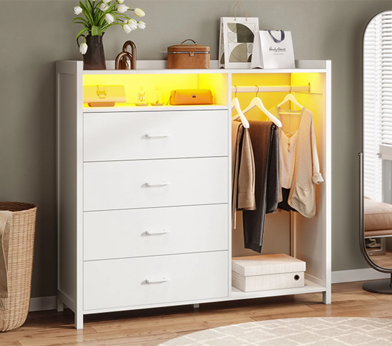 Modern 4 Drawer Dresser with Clothing Rack for Bedroom, 4 Drawer Dresser with LED Lights,Led Dressers& Chests of Drawers,White