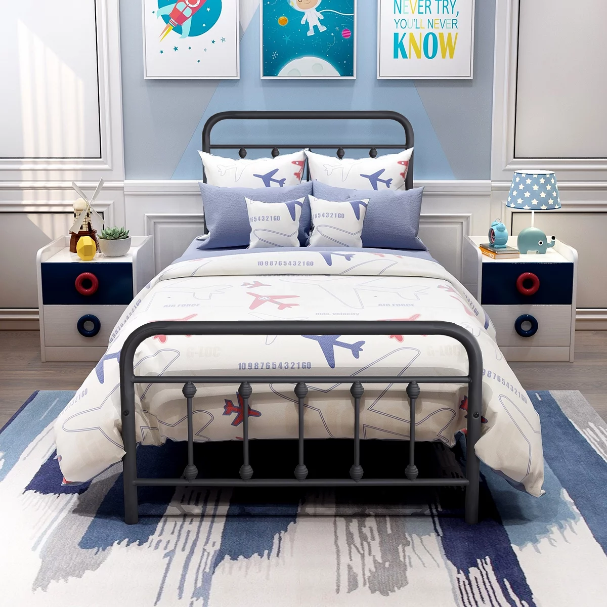 uhomepro Black Twin Bed Frame for Adults Kids, Vintage Victorian Style Metal Platform Bed Frame with Headboard and Footboard, Heavy Duty Twin Size Bed Frame Bedroom Furniture, No Box Spring Needed