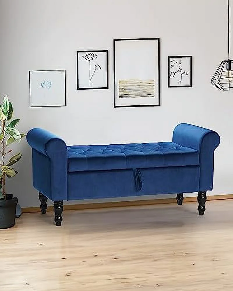 xrboomlife Bench Bedroom Rolled Arm Ottoman Bench End of Bed Folding Rectangle Ottoman for Bedroom Blue
