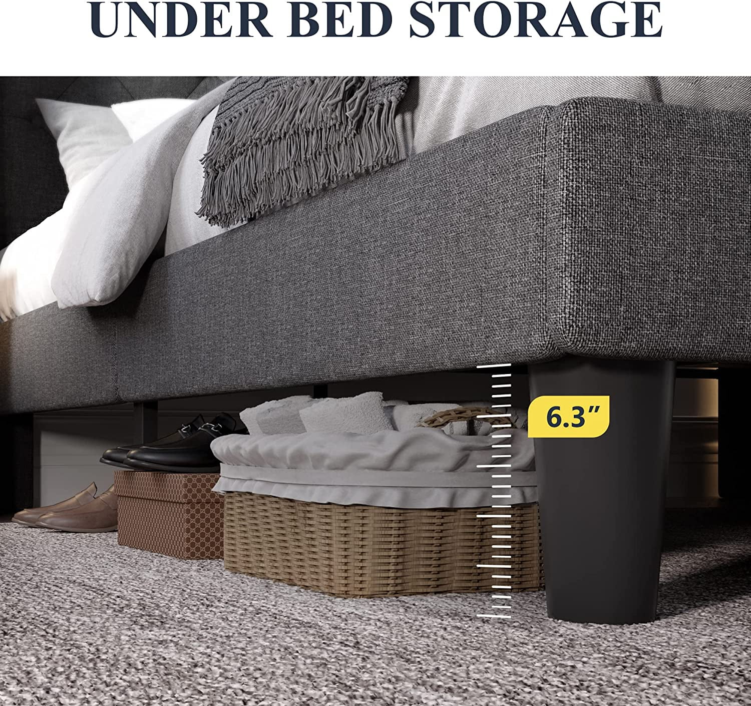 Allewie Queen Size Upholstered Platform Bed Frame with Wingback and Button Tufted Headboard, Dark Grey