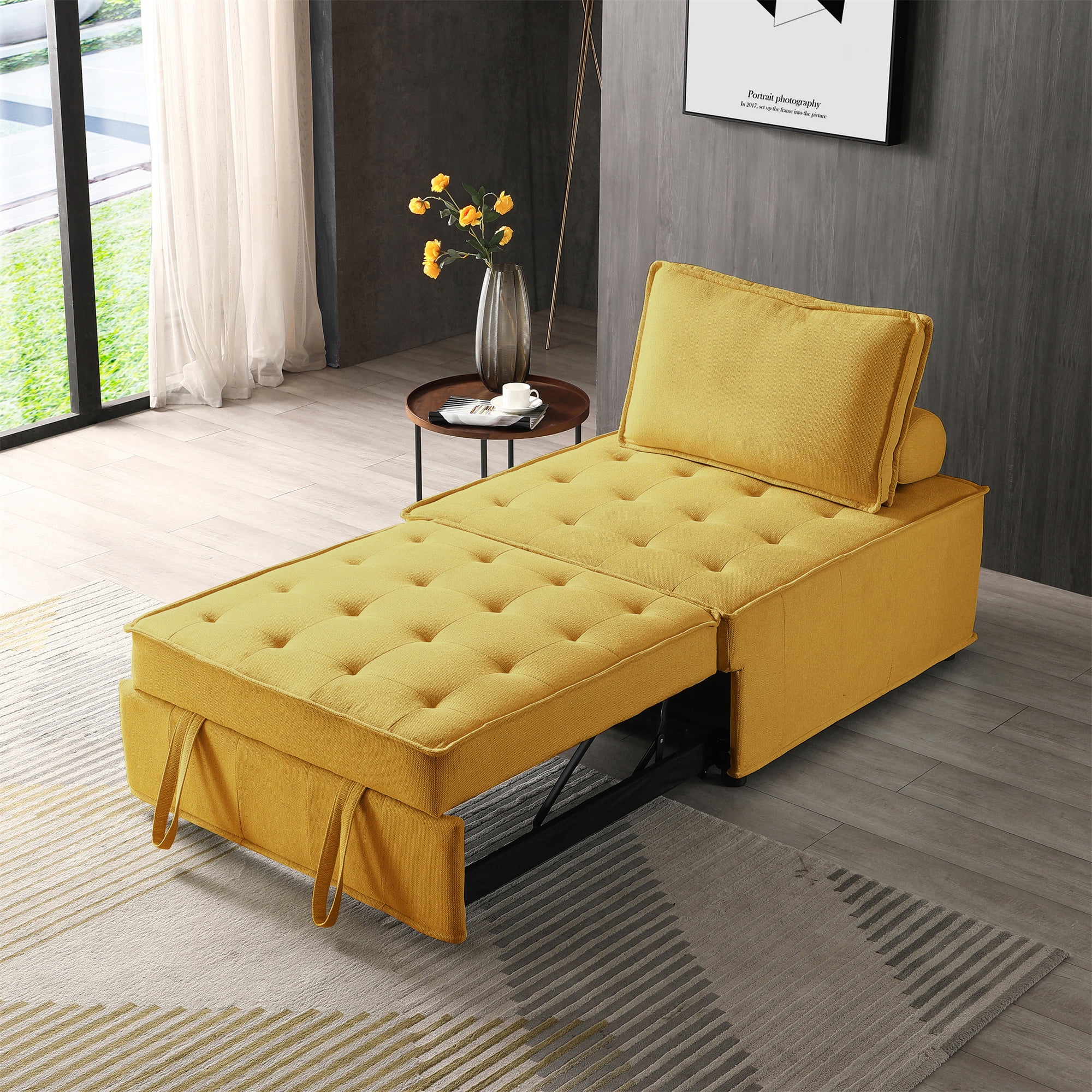 Gexpusm Pull Out Lazy Ottoman Sofa Bed with Removable Backrest, Small Linen Fabric Convertible Sleeper Sofa for Living Room Apartment, Yellow