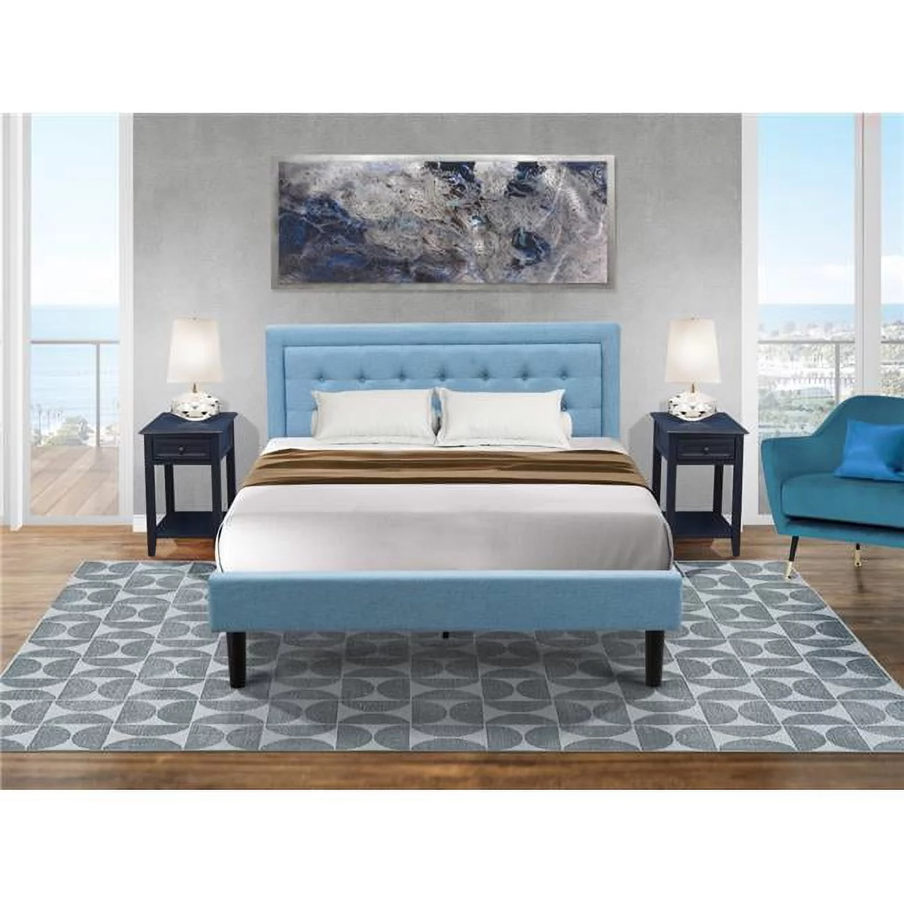 East West Furniture 3 Piece Fannin Platform Bedroom Set - Denim Blue, Black & Navy Blue