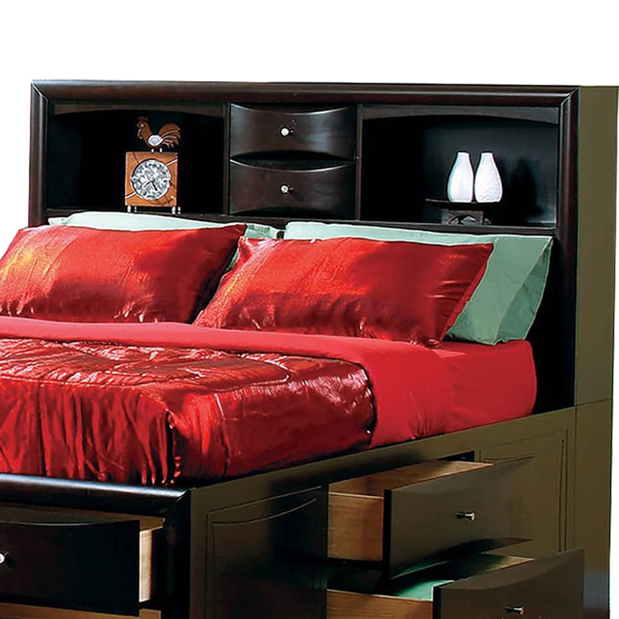 Wooden Queen Size bed with 10 Drawers and 2 Open Shelves, Dark Brown