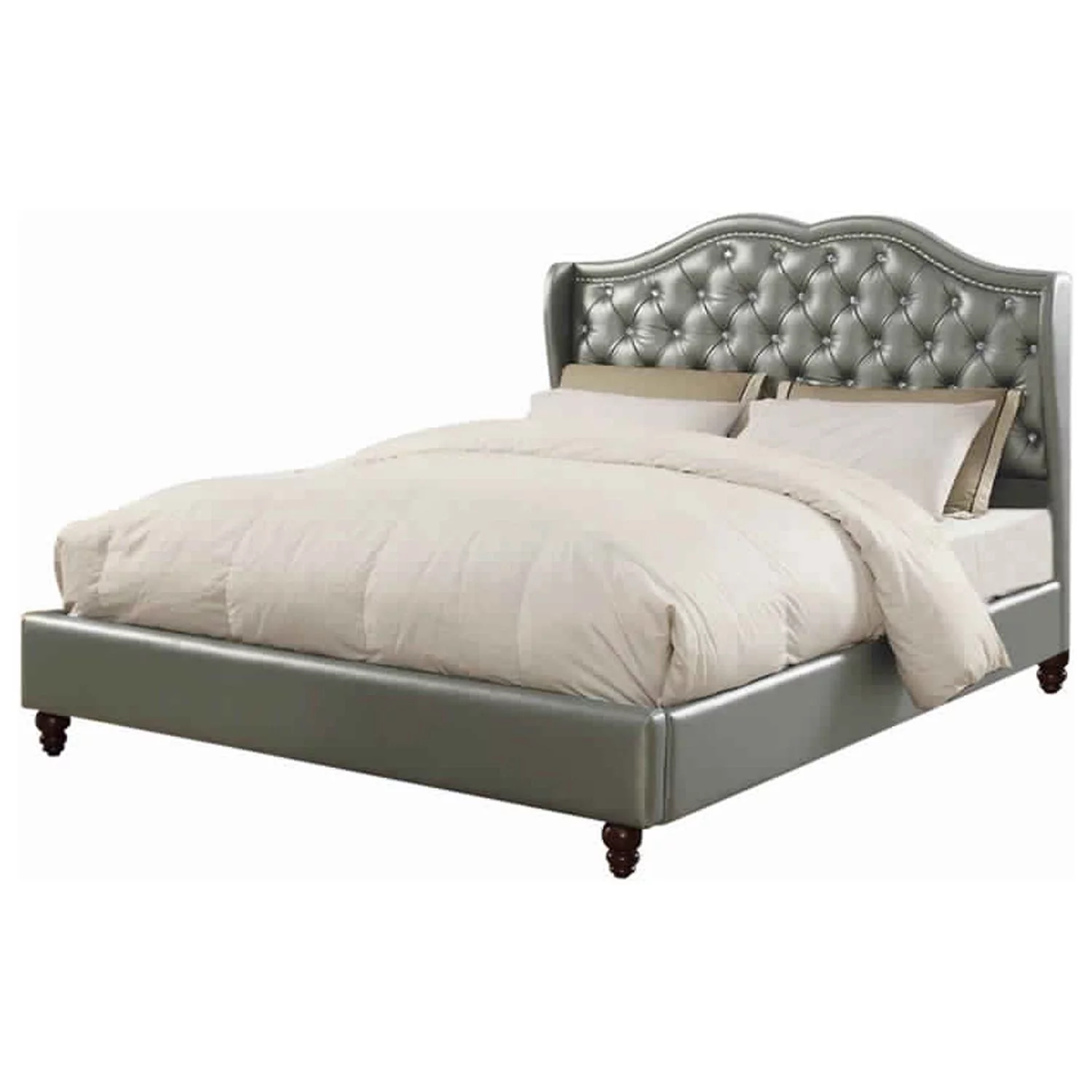 BenJara Opulent Full Wooden Bed With PU Tufted Headboard, Silver-Color:Silver