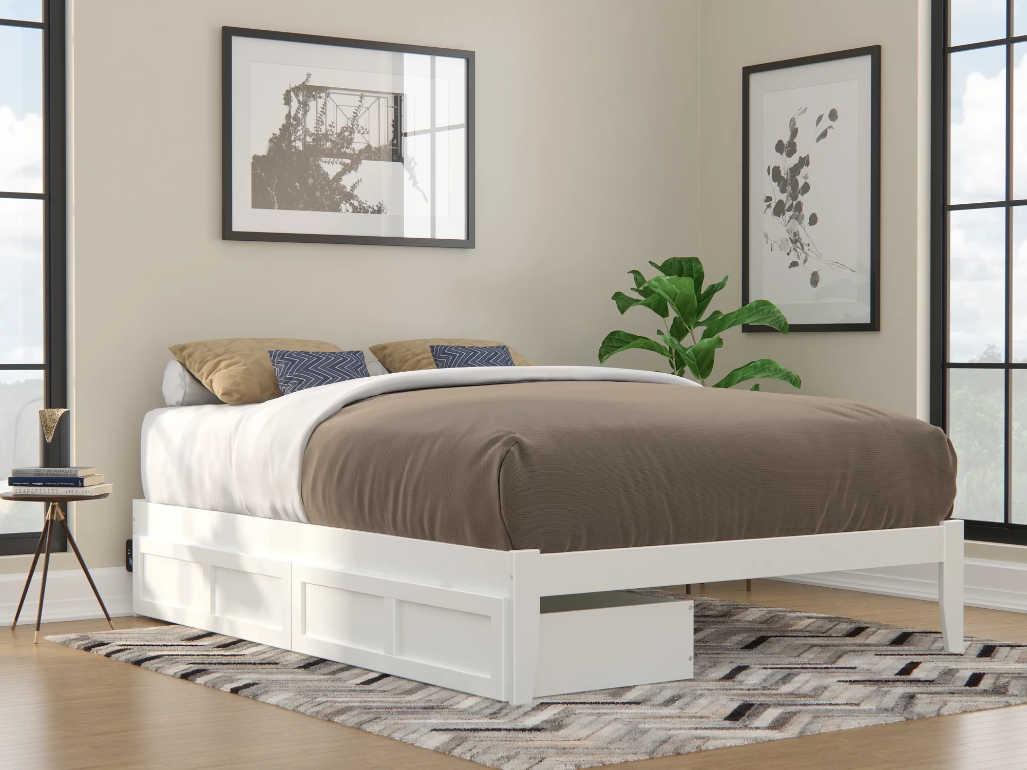 Colorado Queen Bed with USB Turbo Charger and 2 Extra Long Drawers in White