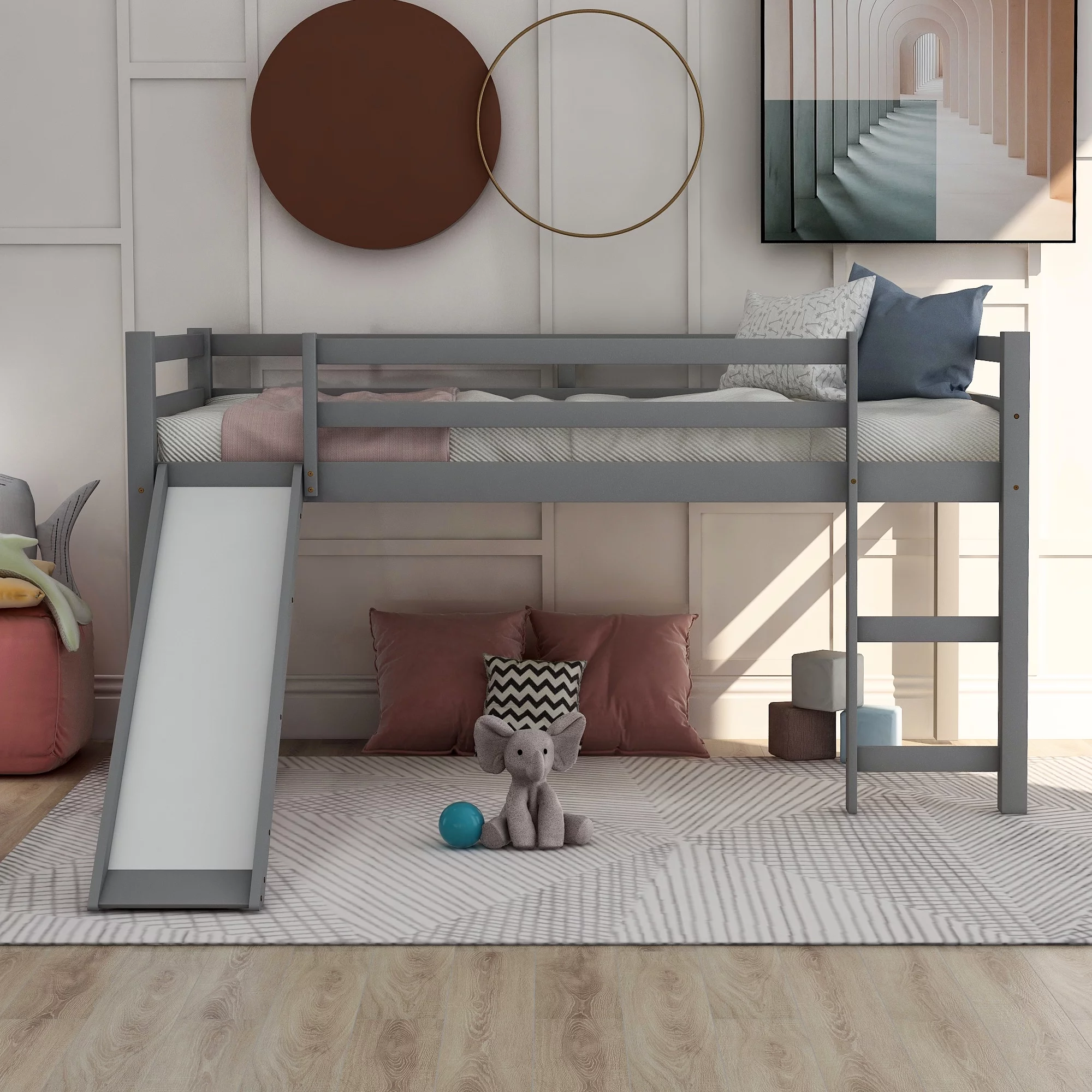 Wood Loft Bed with Slide Ladder Low Bunk Bed Kids Bedroom Furniture Bed Frame for Boys, Girls and Young Teens