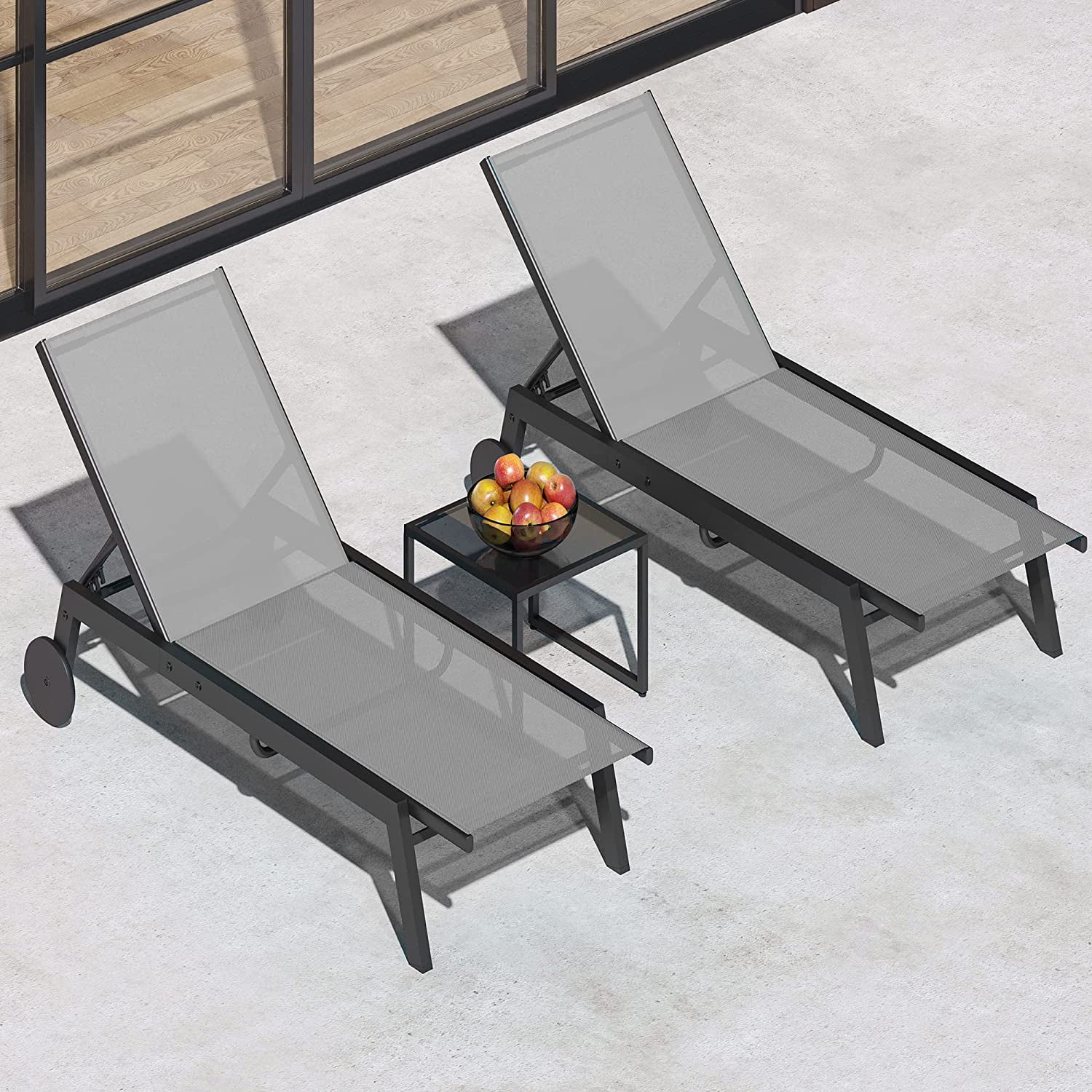 Dextrus 2 Pcs Outdoor Lounge Chairs with Side Table, Reclining Sun Loungers Featuring Aluminum Frame/Textilene Fabric/Wheels