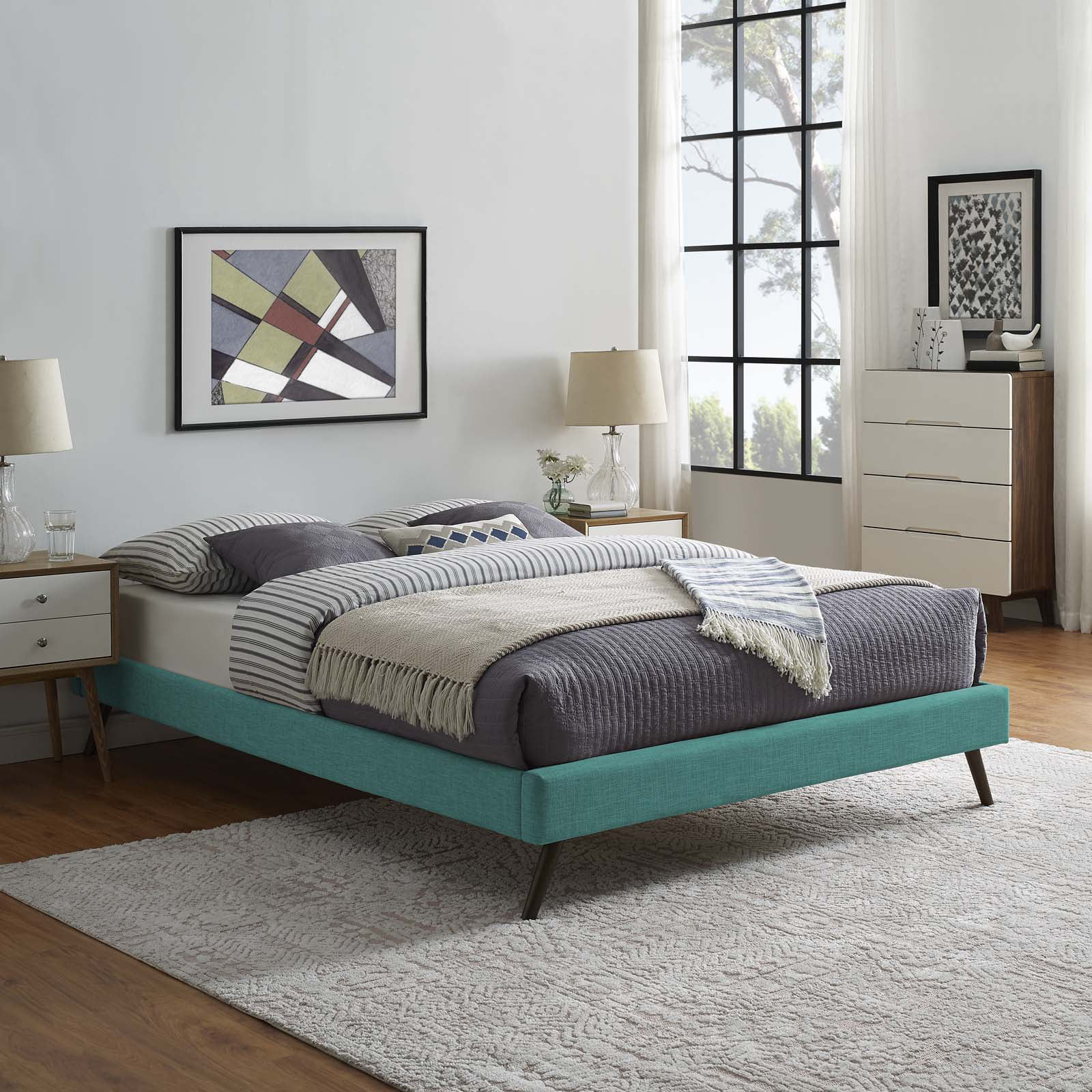 Platform Bed Frame, Queen Size, Fabric, Teal Blue, Modern Contemporary Urban Design, Bedroom Master Guest Suite