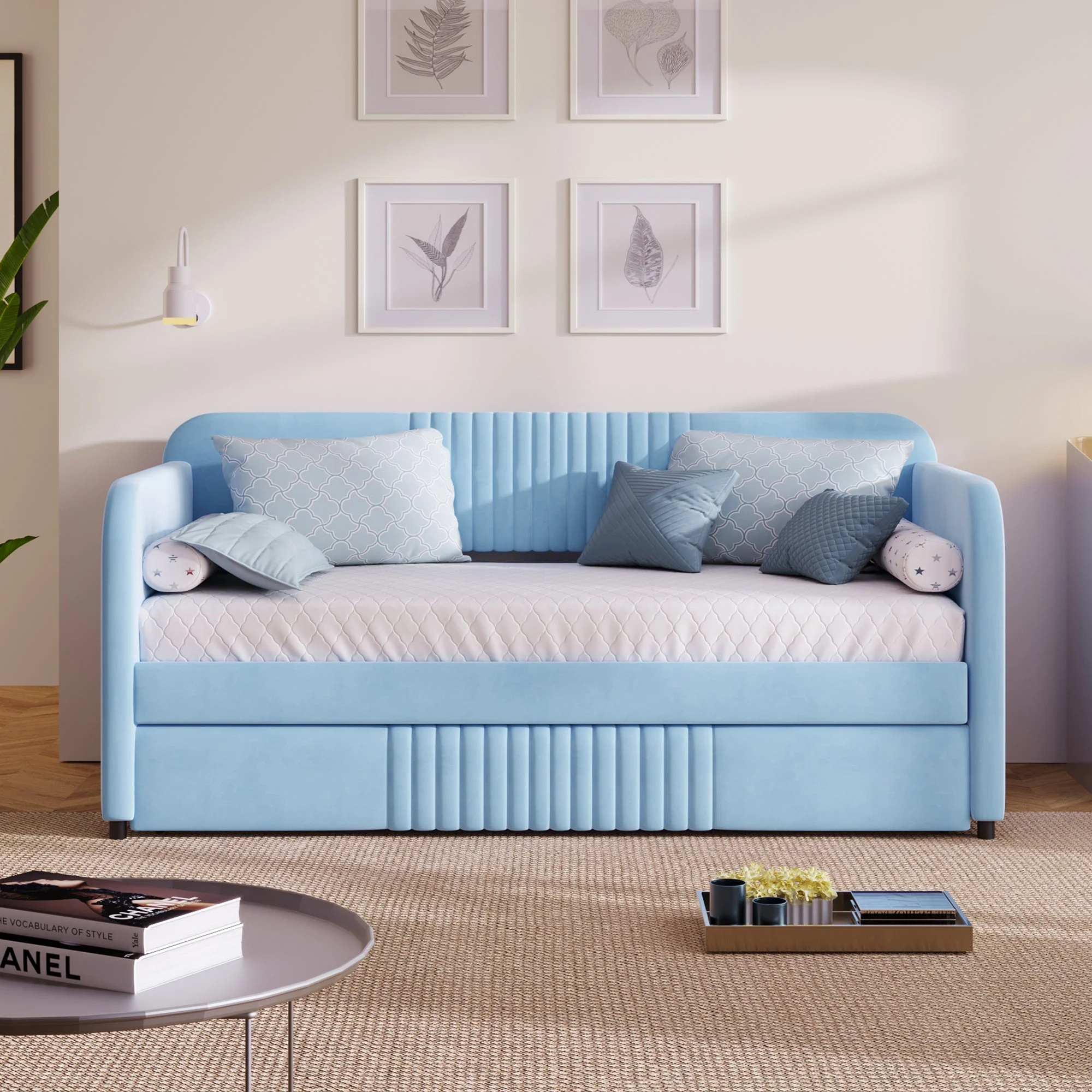 Amos Twin Size Upholstered Daybed with Trundle - Light Blue