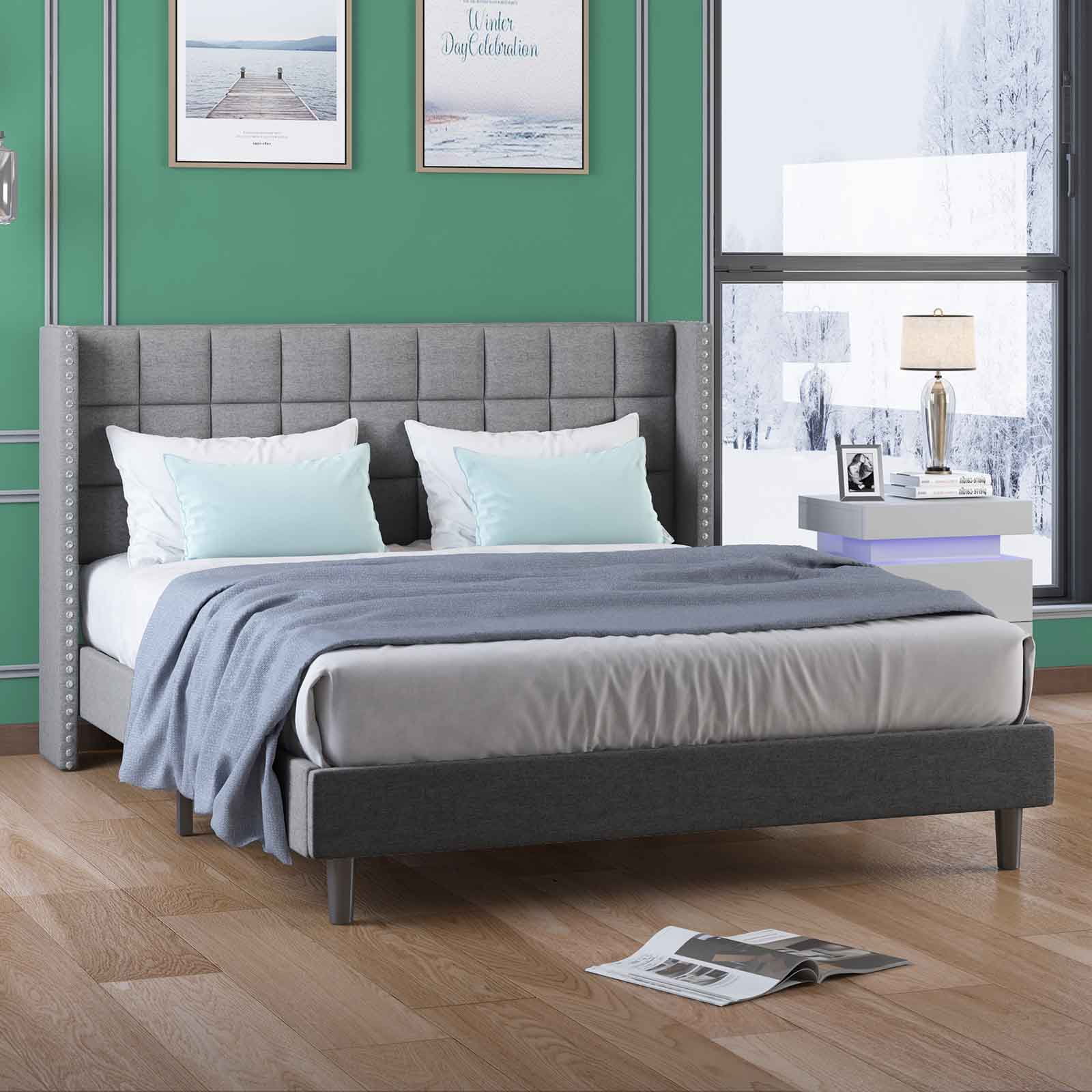 CECER Full Size Bed Frame with Premium Velvet Upholstered & Rivet Design, Wooden Bed Frame with Wingbacks for Bedroom Dark Grey