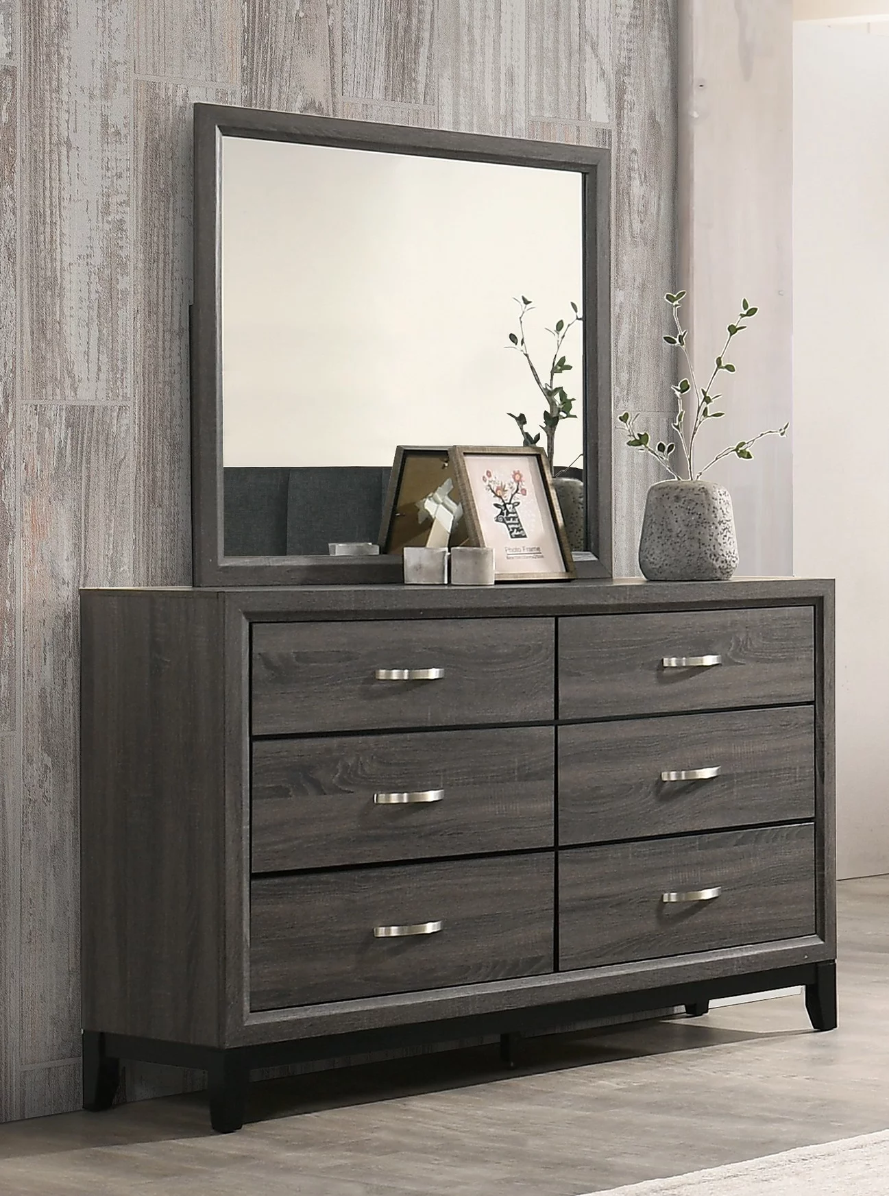 Modern Simple Bedroom Furniture 4pc Set Charcoal Full Size Bed Dresser Mirror Nightstand Plywood Extended Drawers Dresser