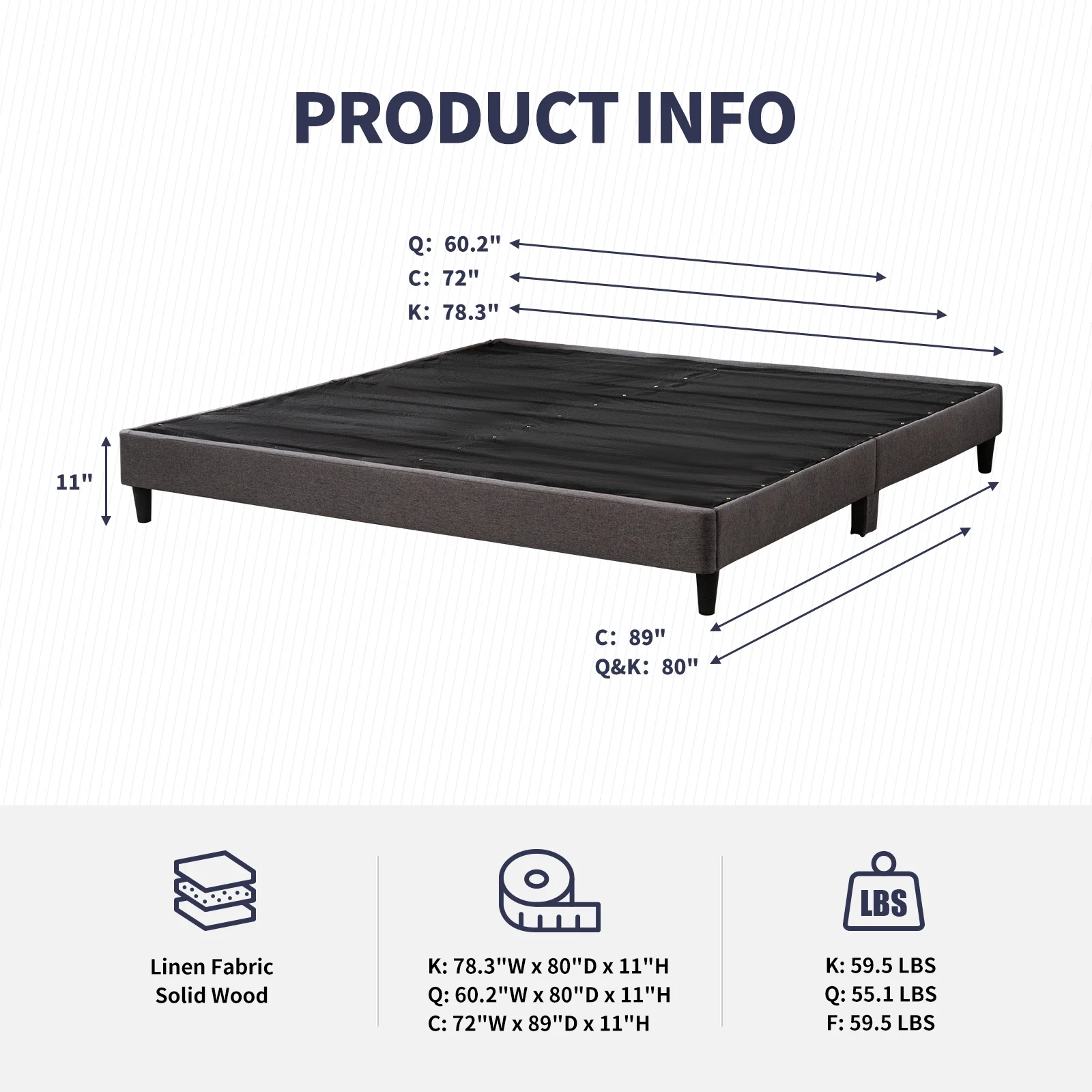 ijuicy California King Size Bed Frame with Linen Upholstered, Platform Bed Frame with Wooden Slat Support, Wooden Bed Frame without headboard, No Box Spring Needed, Easy Assembly, Dark Grey