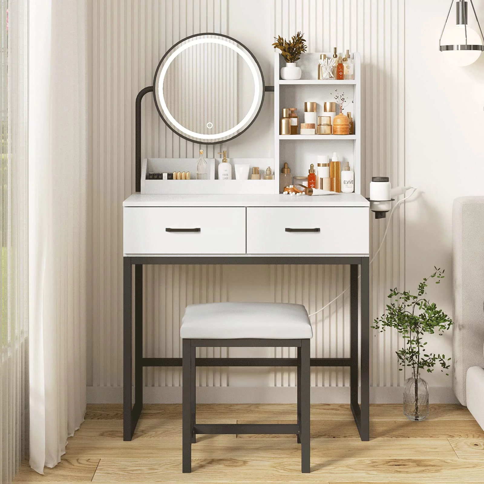 Veanerwood Makeup Vanity Desk with Lights and Round Mirror, Bedroom Vanity Dressing Table Set with Drawers, Hair Rack, Modern, 31.5in, White & Black