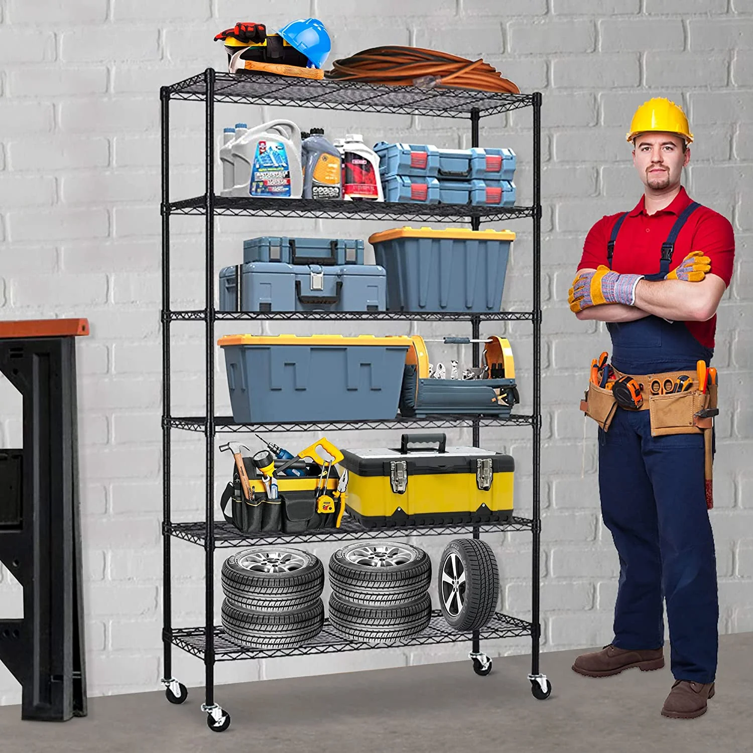 NiamVelo 6 Tier Wire Shelving Unit Adjustable Storage Shelves 2100 lbs Heavy Duty Metal Shelf with Wheels, Black