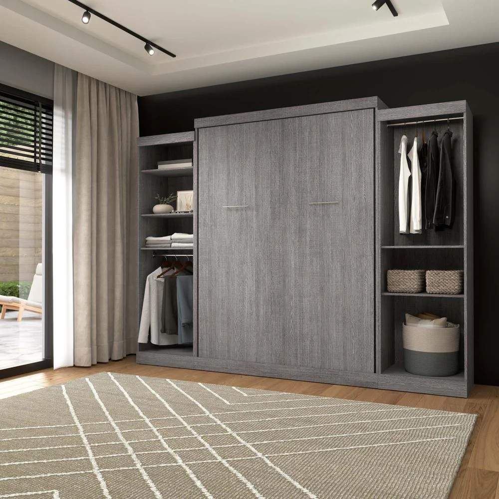 Bestar Nebula Wood Queen Murphy Bed with 2 Closet Organizers in Bark Gray