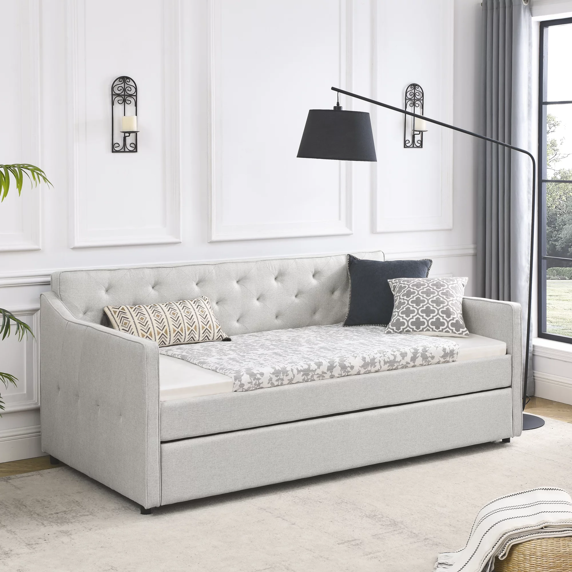 Muumblus Twin Size Upholstered Daybed with Trundle, Modern Upholstered Twin Trundle Bed, Solid Wood Daybed Frame for Bedroom, Beige, Linen