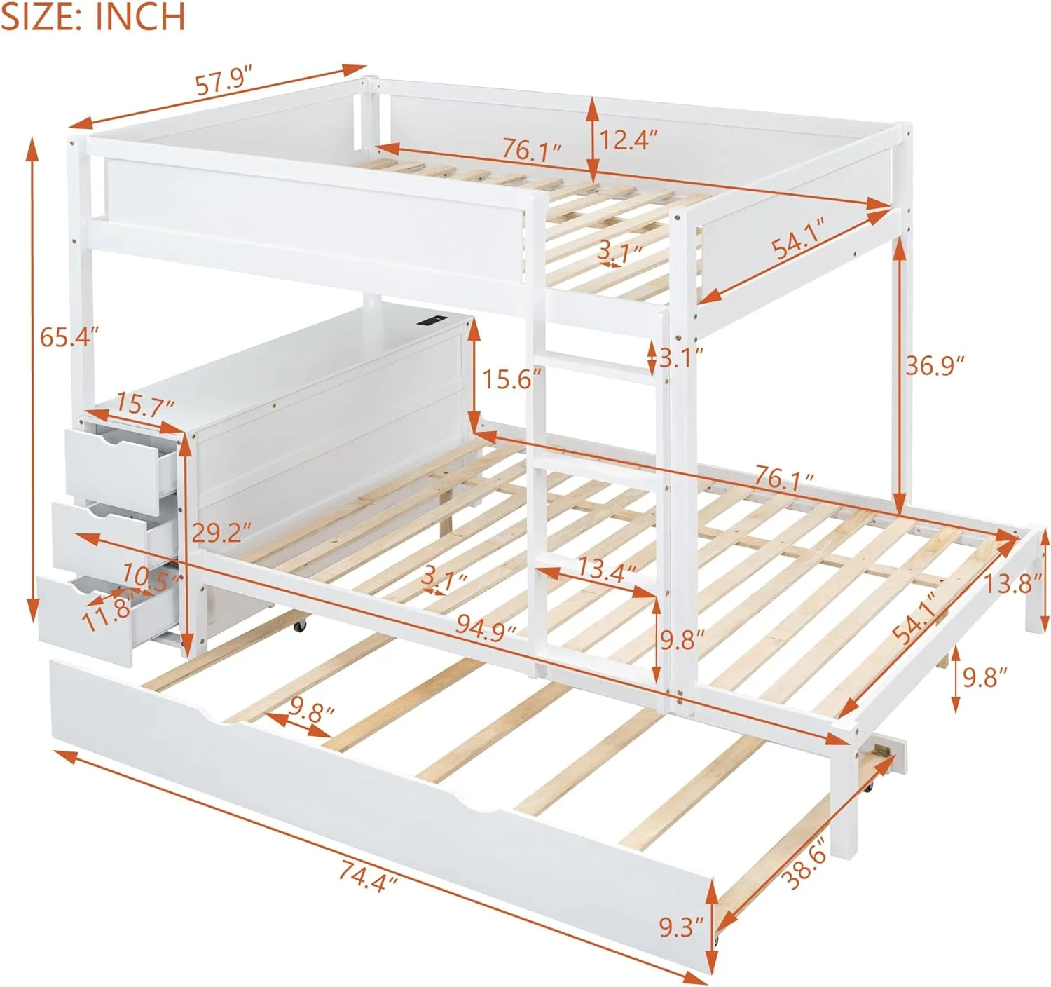Full-Over-Full Bunk Bed with Twin Size Trundle, Storage and Desk bunk Bed with Desk Underneath
