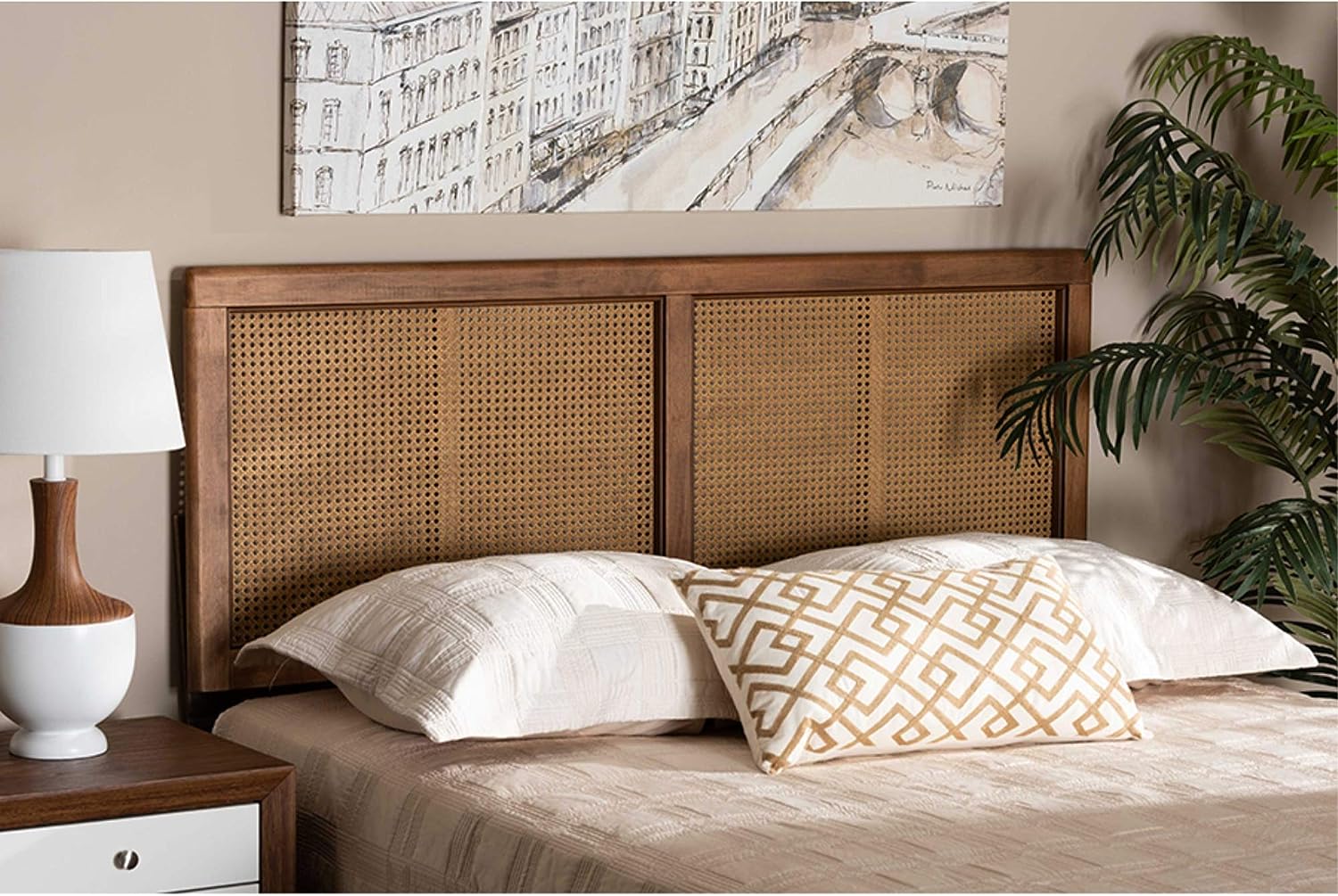 Gilbert Walnut Finished Wood and Rattan Queen Size Headboard