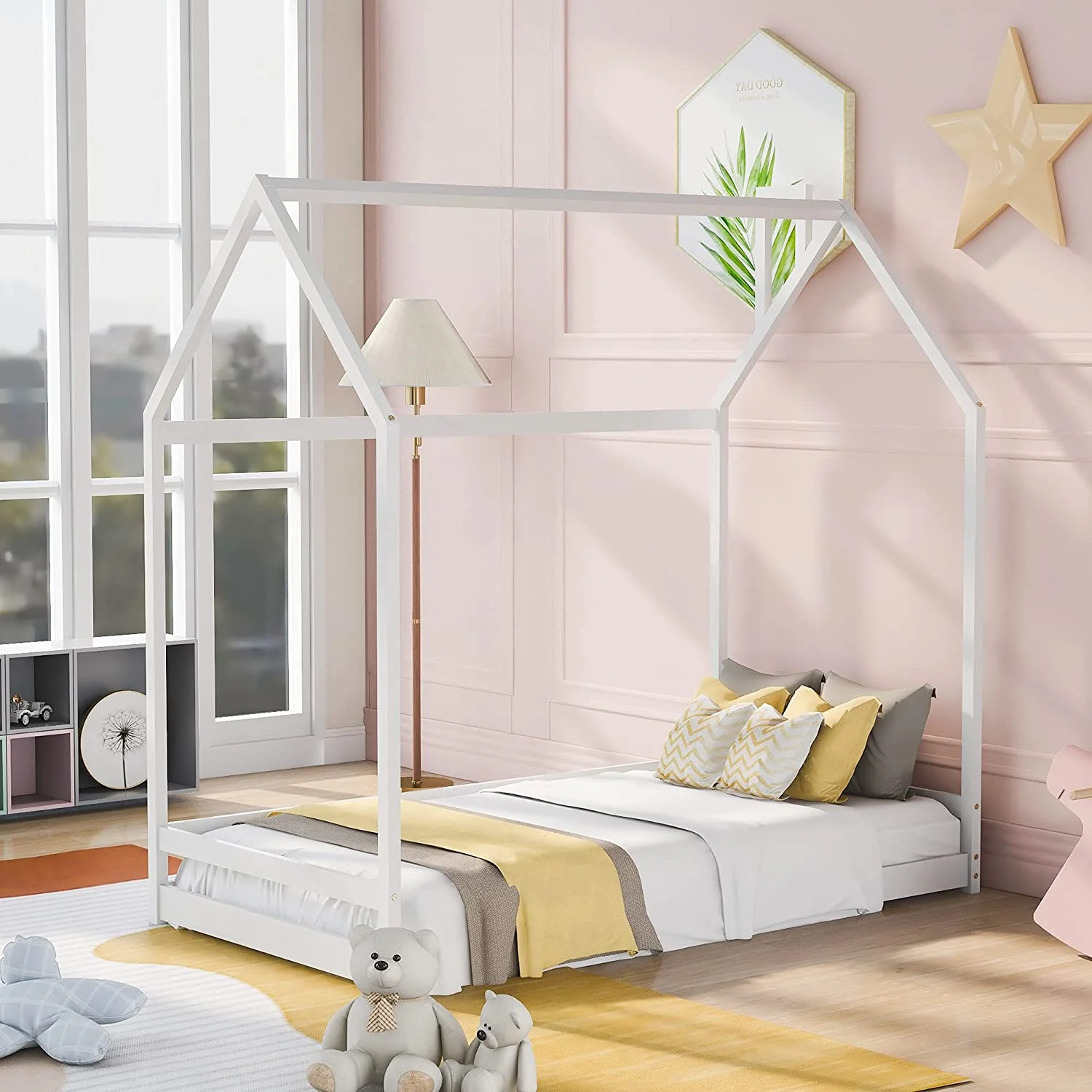 House Bed For Kids, Wood Size Wood With Wood Roof, Cabin Bed, Floor Bed For Kids, Teens (White, Size)