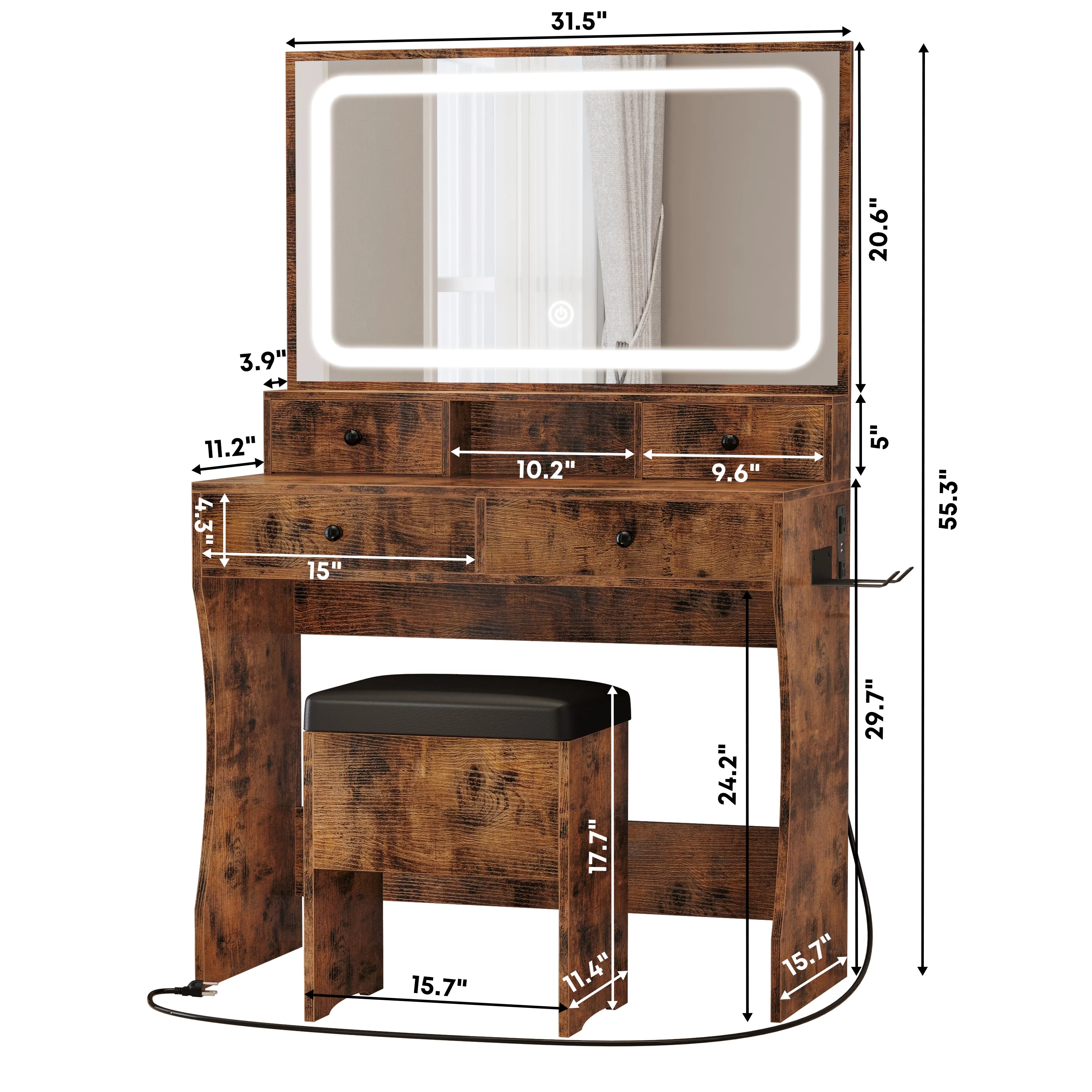 LIKIMIO Vanity Desk, Bedroom Makeup Table with 4 Drawers,Storage Stool, Vintage Brown