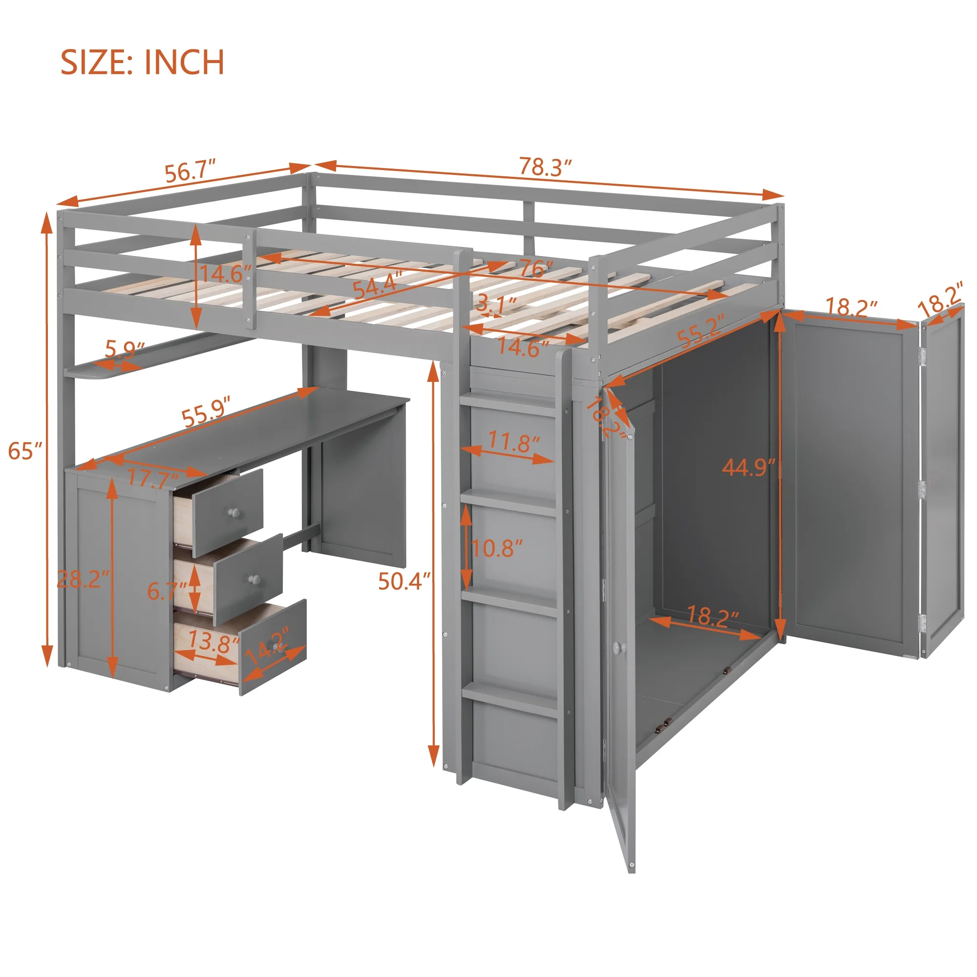 Churanty Full Size Loft Bed with Wardrobe and Built-in Desk, Solid Wood High Loft Bed Frame with Storage for Kids,Gray