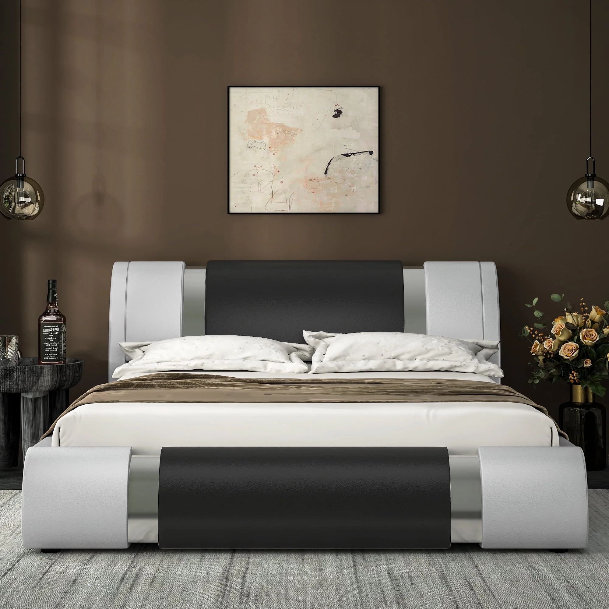 Allewie King Size Faux Leather Upholstered Platform Bed with Iron Piece Decoration Adjustable Headboard, Black and White