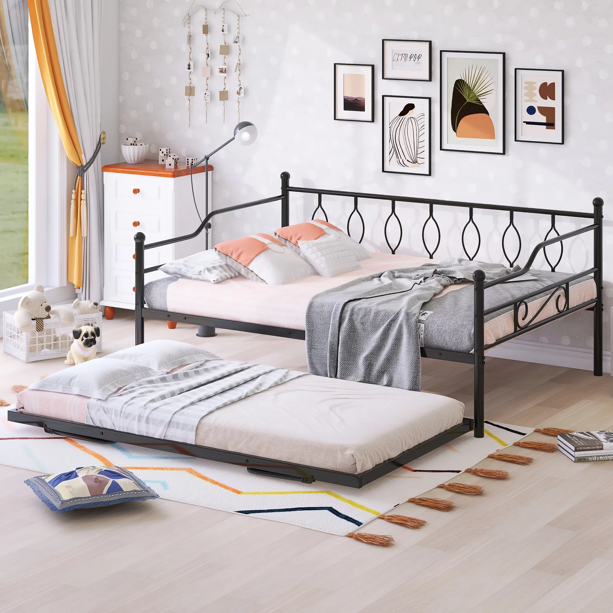 CoSoTower Full Size Metal Daybed with Twin Size Adjustable Trundle, Portable Folding Trundle, Black