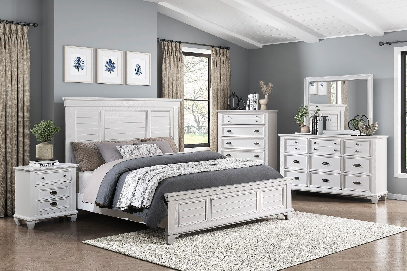 Classic White Finish 5pc Set Queen Bed Nightstand Dresser Mirror Wooden Bedroom Furniture