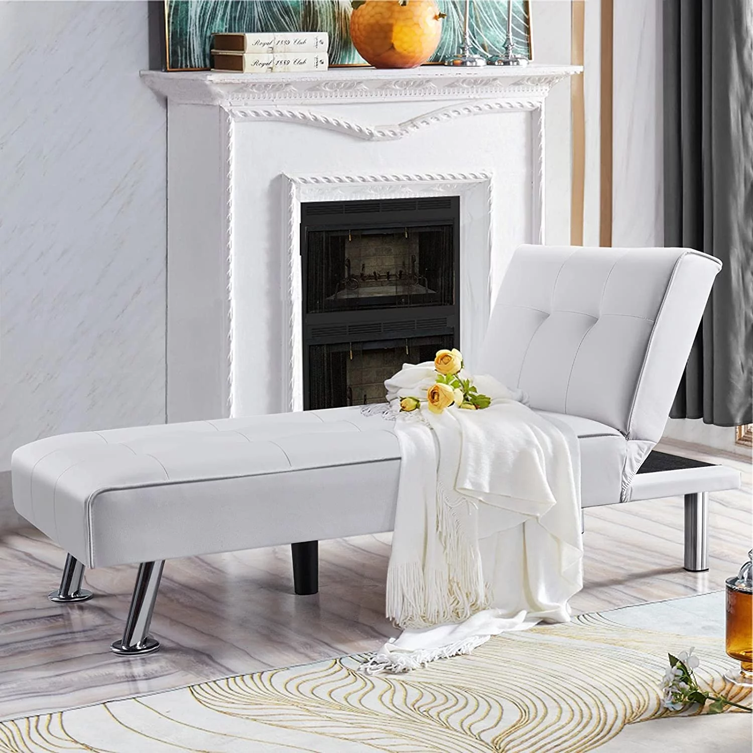 Sectional Living Room Couch Sofa Bed Faux Leather Sofa Couch Bed Modern Convertible Folding Recliner with Chrome Metal Legs for Living Room in White