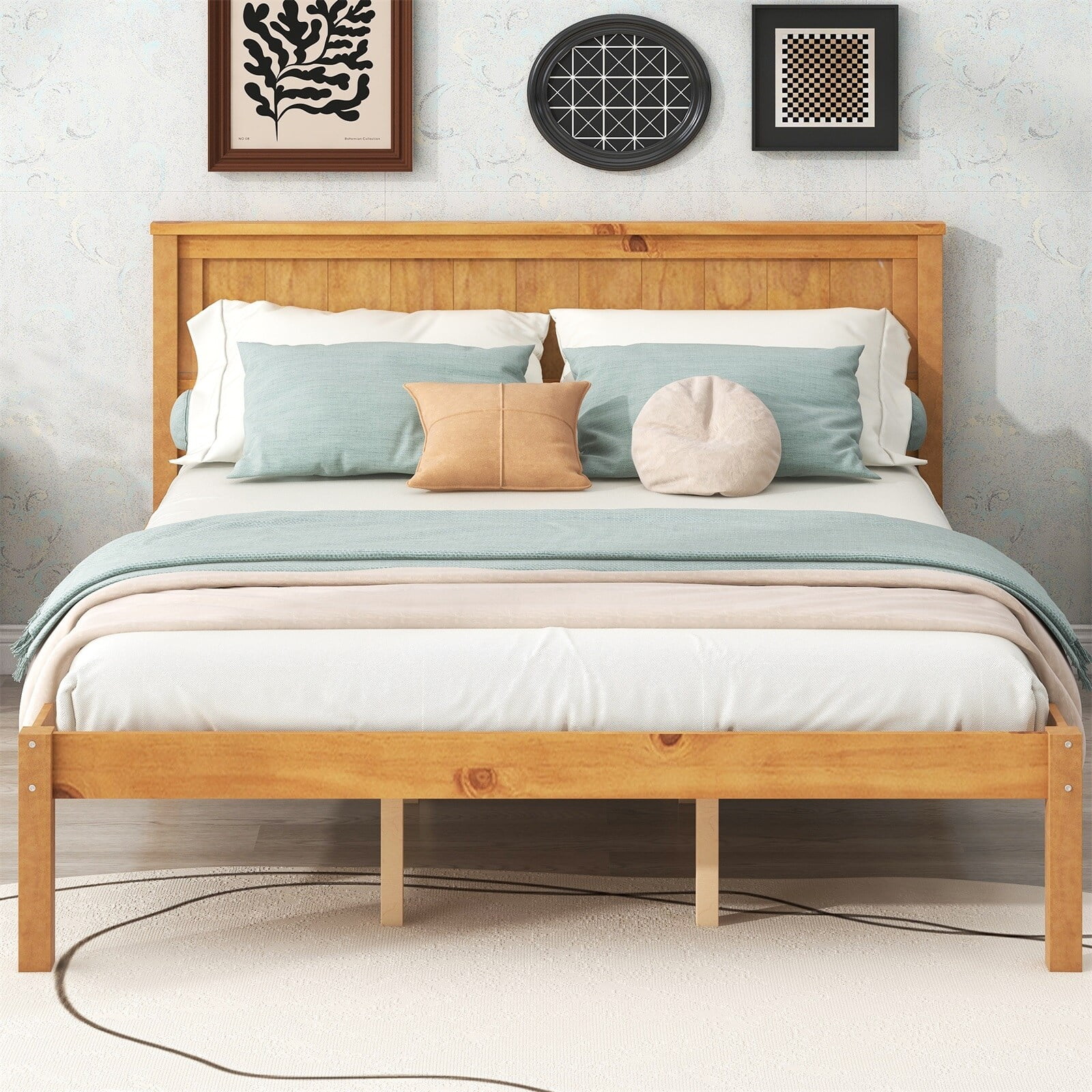 Harper & Bright Designs Wood Platform Bed with Headboard Oak Queen