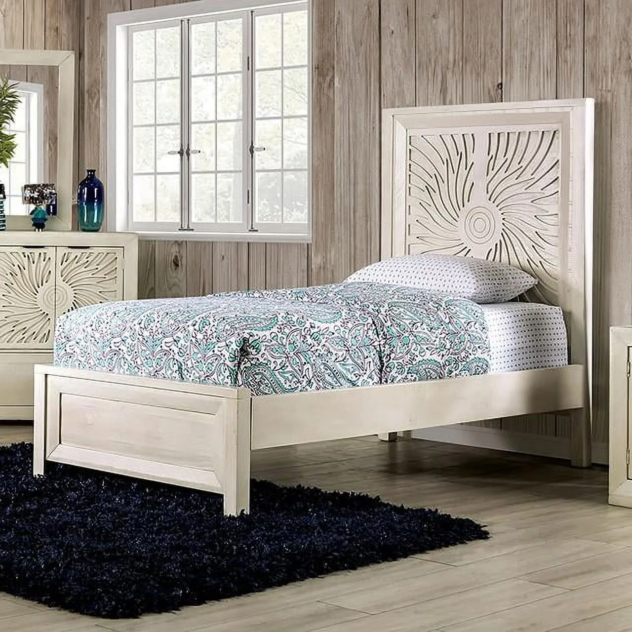 Contemporary Ivory Solid Wood Twin Bedroom Set 3pcs FOA EM7080IV Geneva