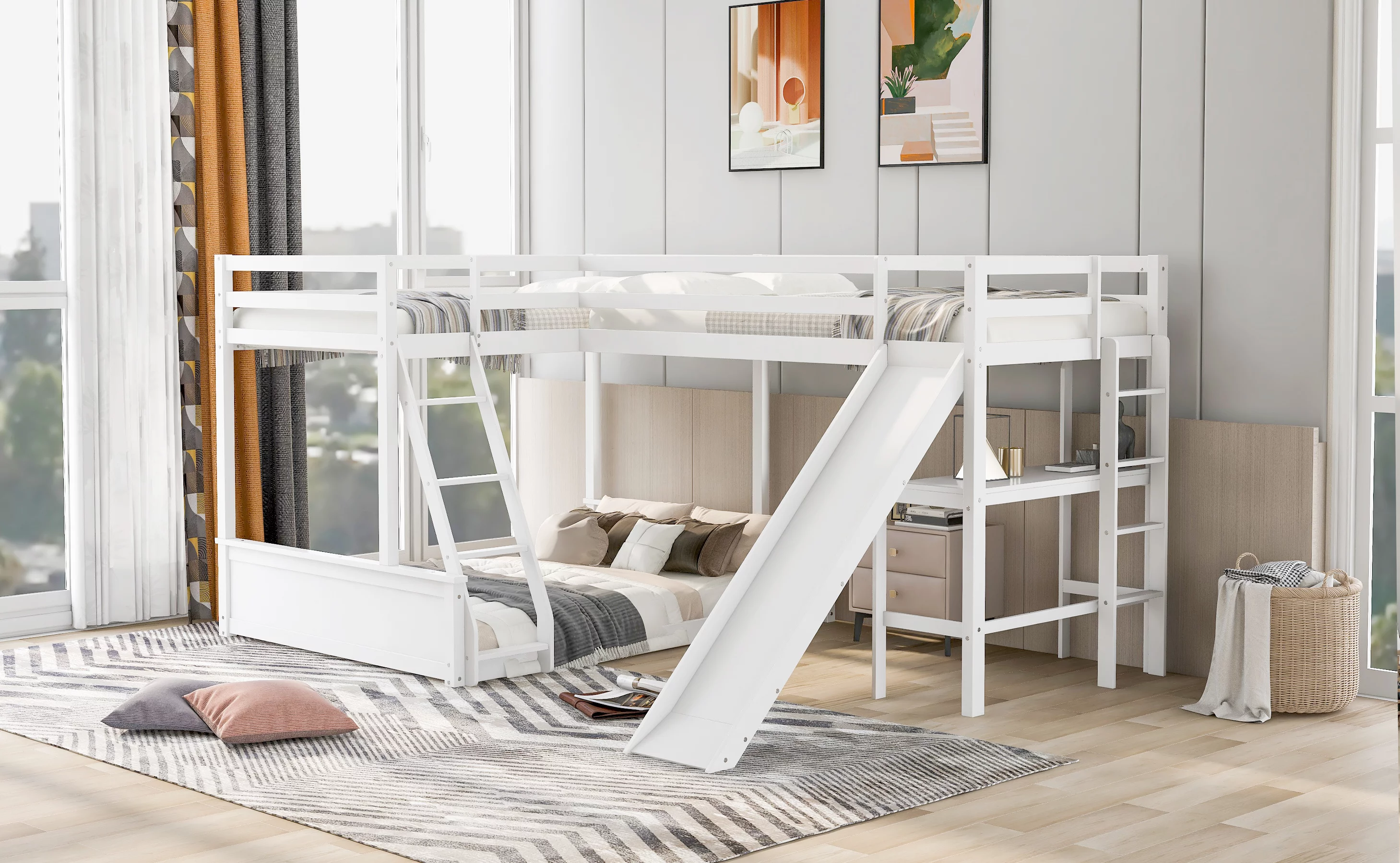 Artlia Twin over Full Bunk Bed with Twin Size Loft Bed with Desk and Slide,Full-Length Guardrail, White
