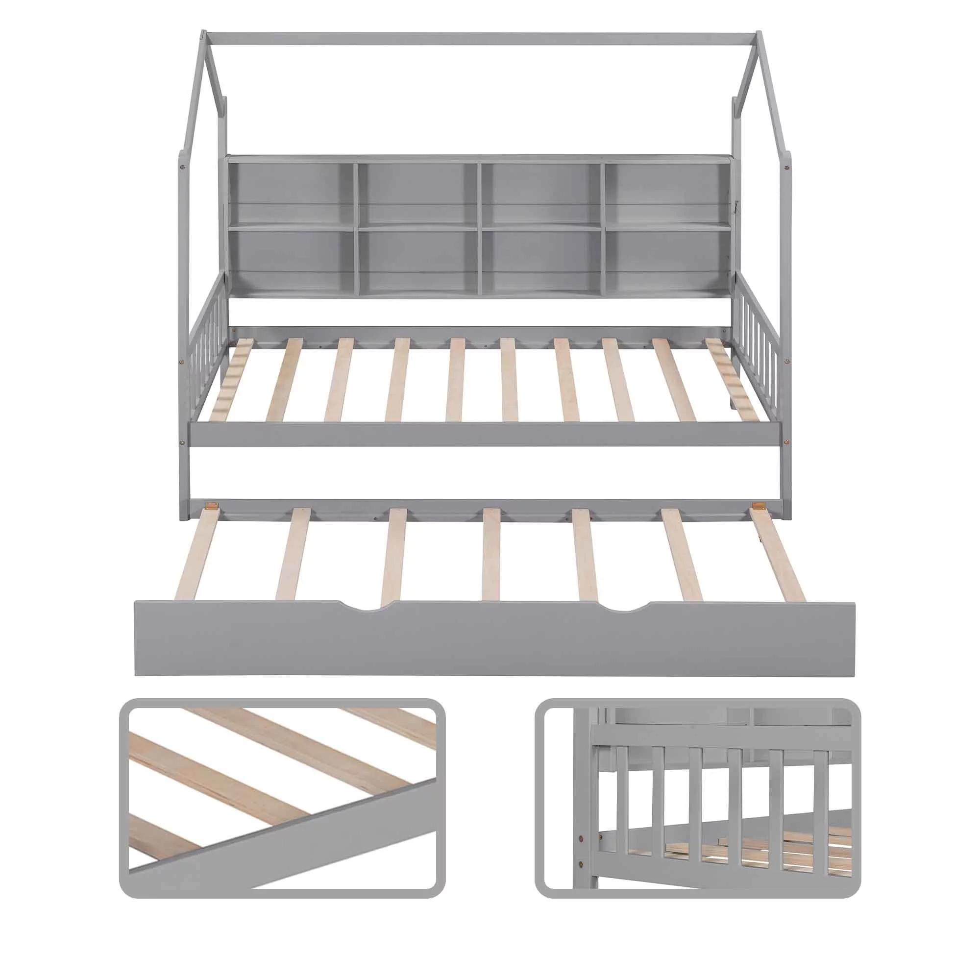 Twin Size House Bed with Trundle， Canopy Bed with Bookcase