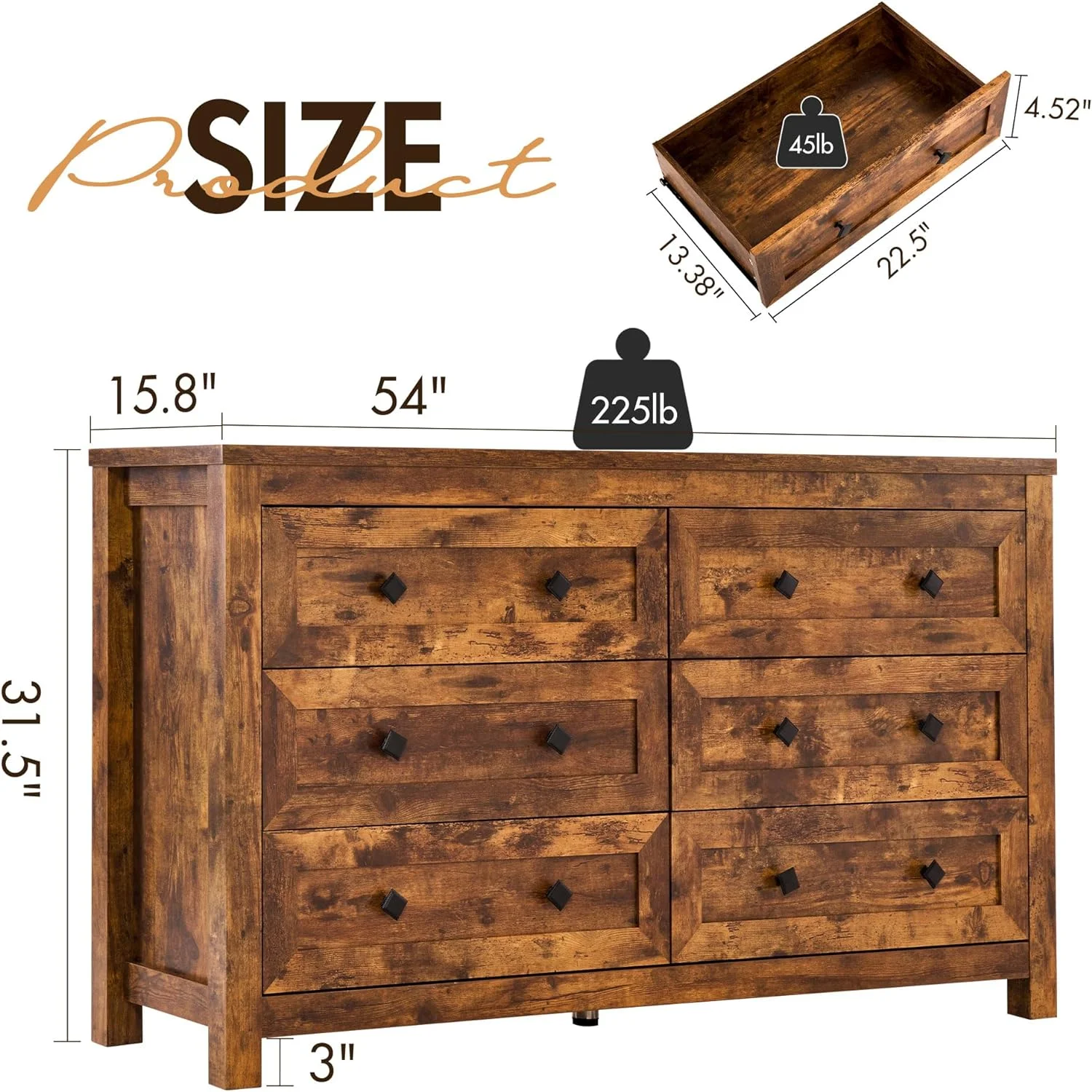 6 Drawers Dresser for Bedroom, Farmhouse Wood Chest of Drawers with Vintage Grain Texture, Drawer Double Dresser for Bedroom, Living Room, Hallway, Rustic Brown