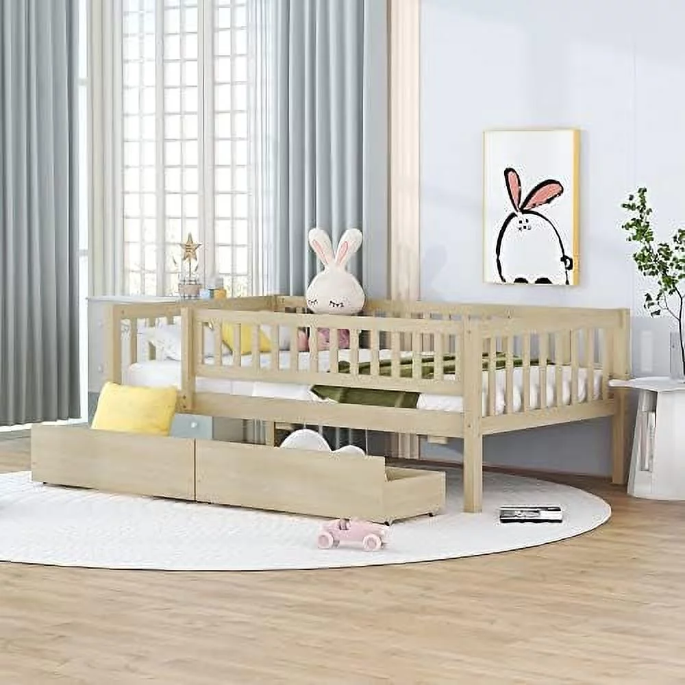 HBBOOMLIFE Harper & Bright Designs Twin Size Daybed with Two Drawers  Wood  Twin Platform Bed Frame with  and Rails  No Box Spring Needed  Easy Assembly (Twin Size  Natural)