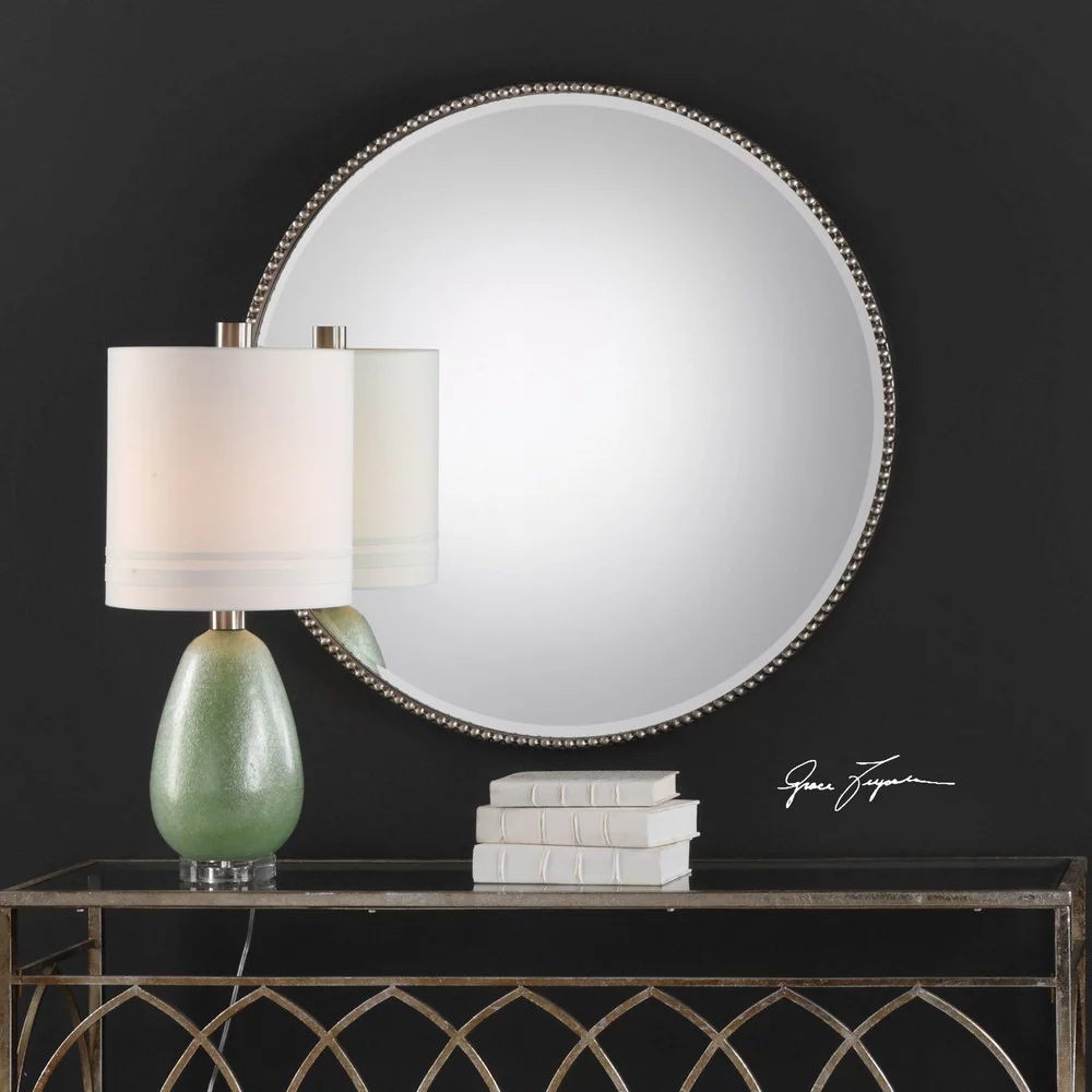 Industrial Round Mirror in Antiqued Silver Leaf Finish with Beaded Iron Frame 40 inches W X 40 inches H Bailey Street Home 208-Bel-2537331